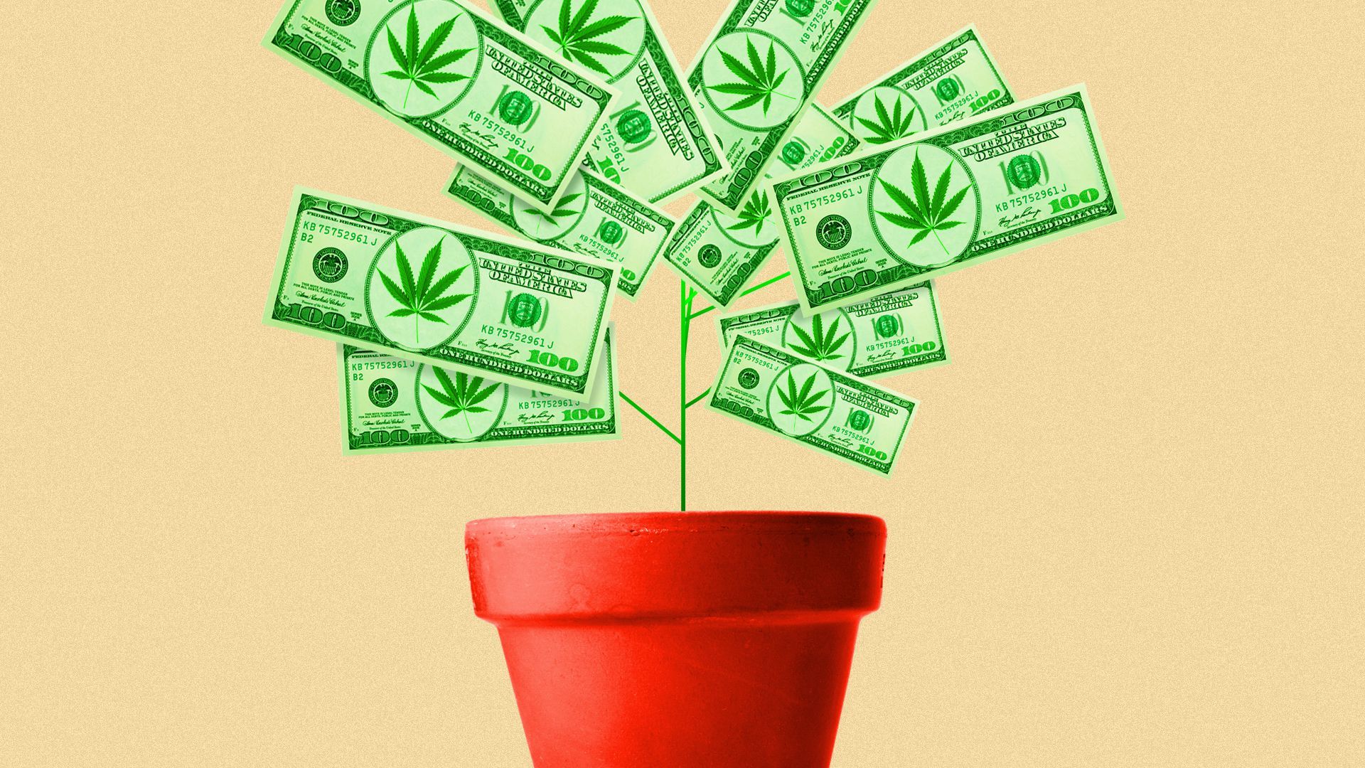 A flowerpot with a plant growing out of it that looks like marijuana, but is made of greenbacks.