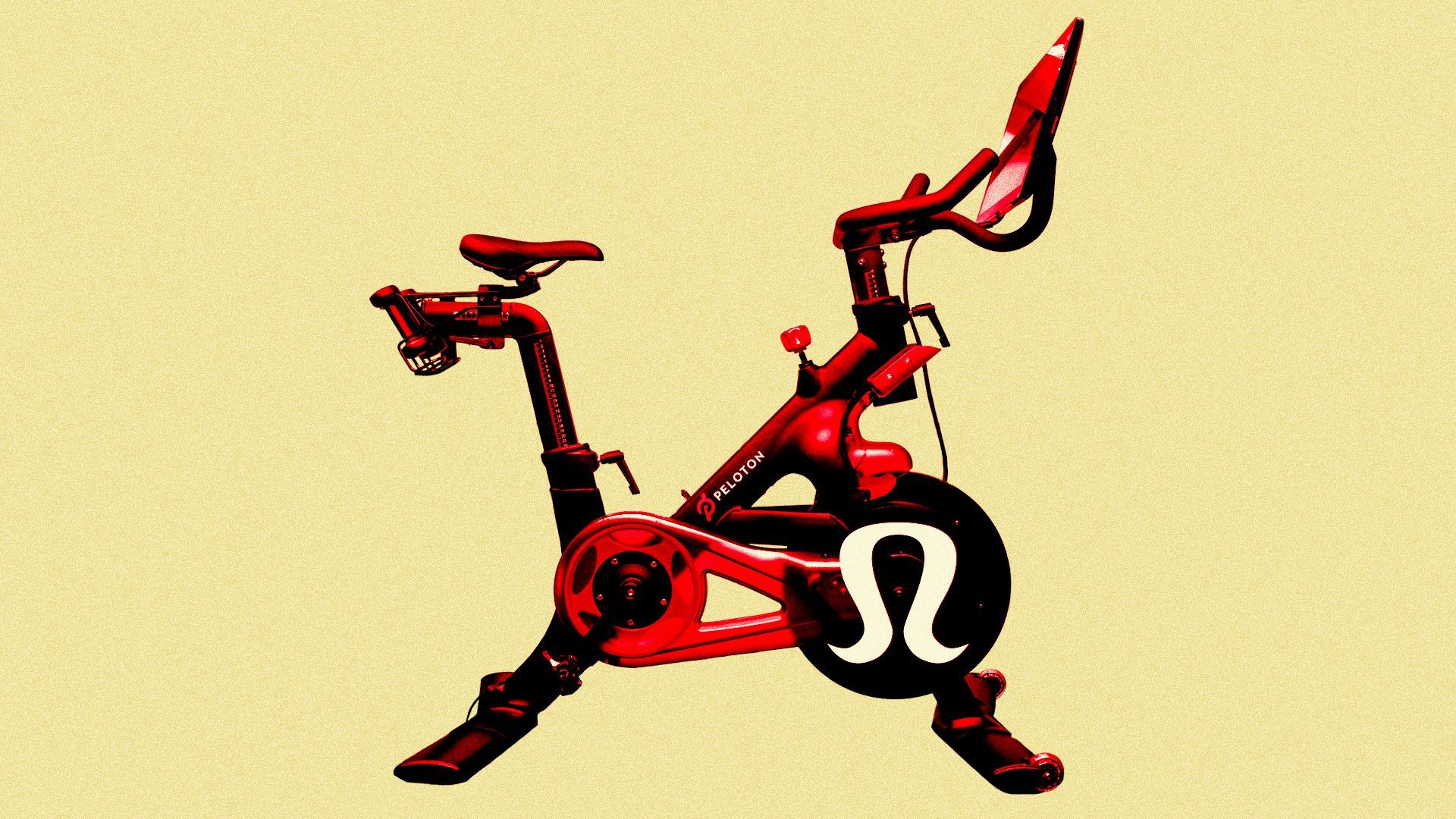 Photo illustration of a Peloton stationary bike with the Lululemon logo as the front wheel.