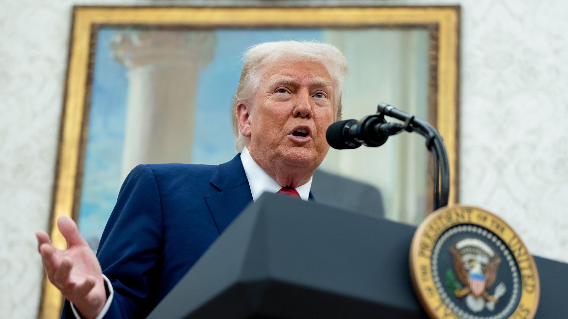 President Donald Trump during a swearing-in ceremony for Jeanine Pirro, interim US attorney for the District of Columbia, not pictured, in the Oval Office of the White House in Washington, DC, US, on Wednesday, May 28, 2025.