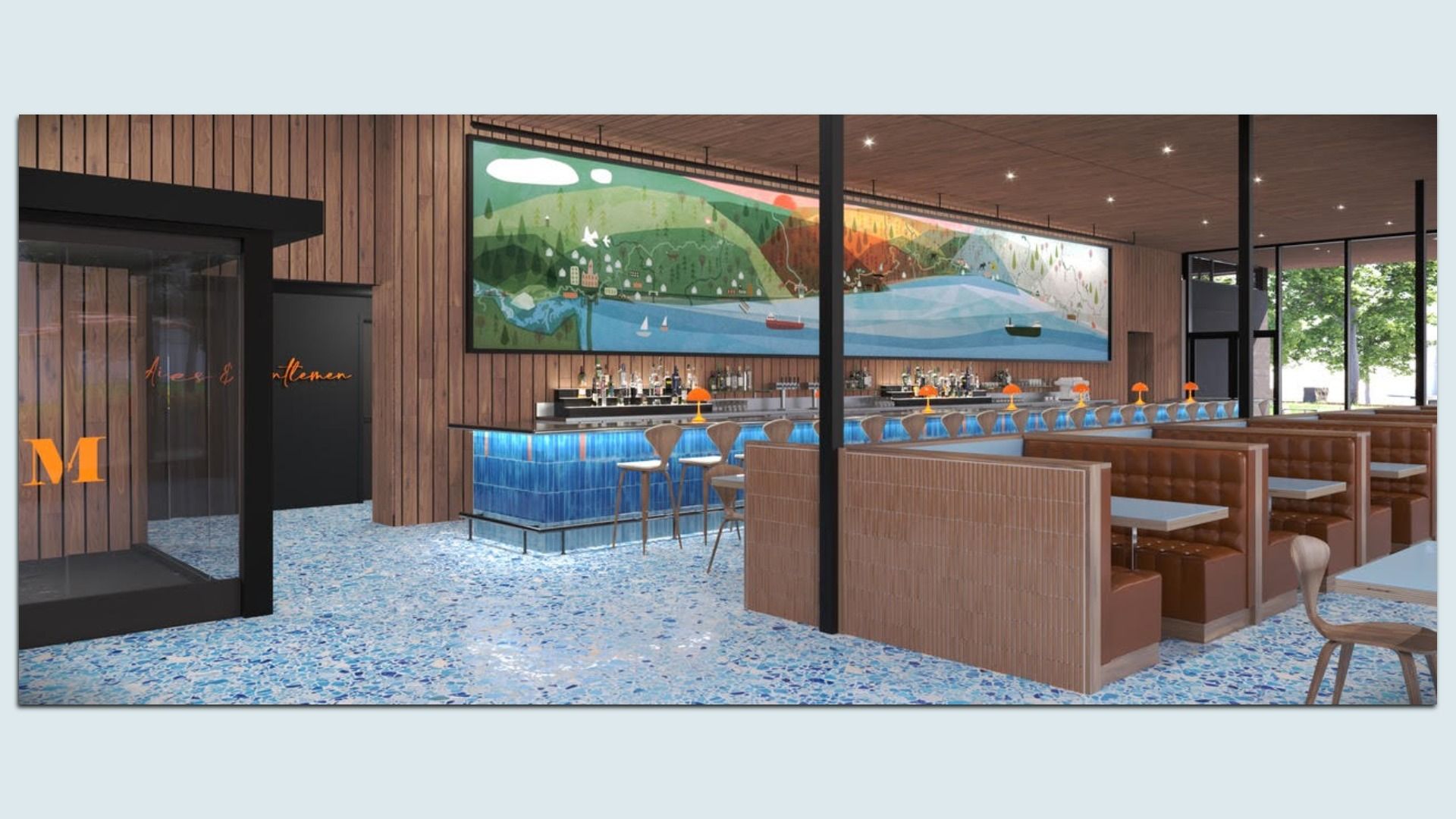 A computer rendering of a modern bar interior with wood-paneled walls, blue tiled illuminated bar, orange lamps, leather booth seating, terrazzo flooring, and large colorful landscape mural above bar.