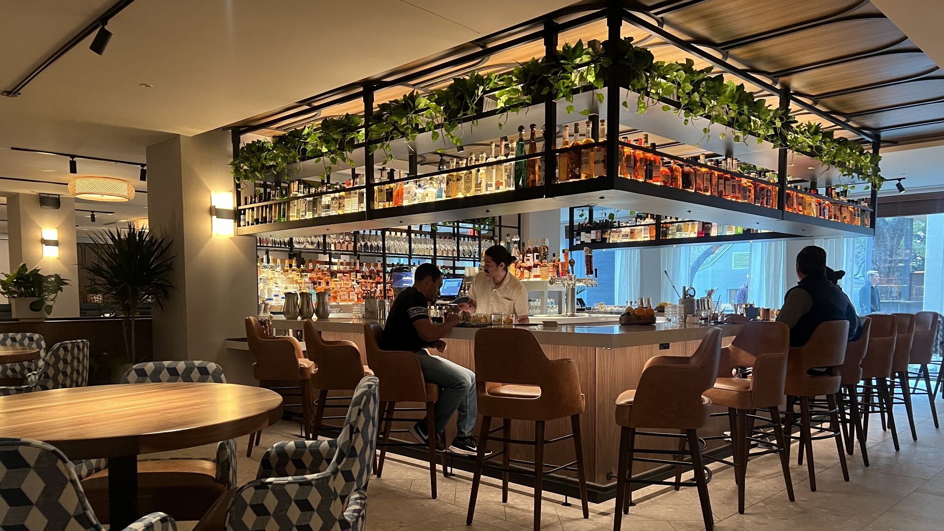 Modern bar interior with brown leather stools around a central bar stocked with various bottles and glasses, green plants overhead, and a few patrons seated and talking.