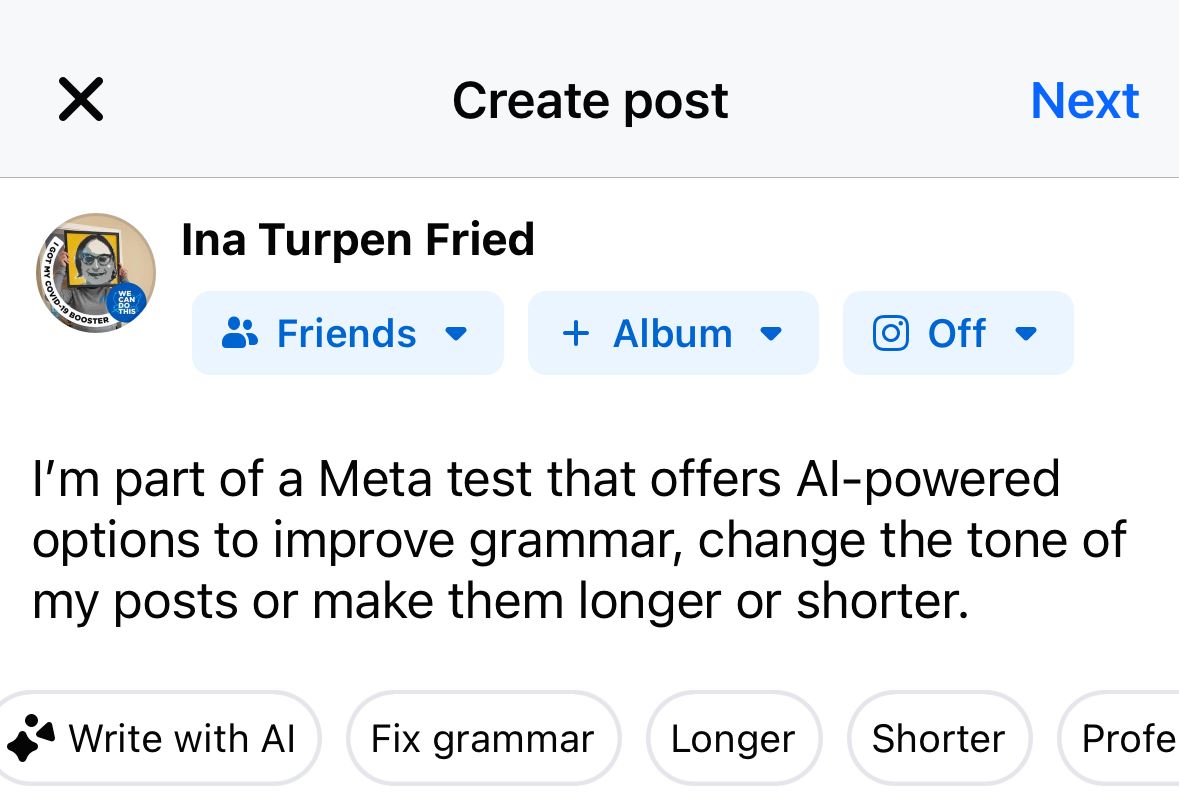 A screenshot of a test by Meta that offers certain users the ability to use AI tools to help craft or modify their post.