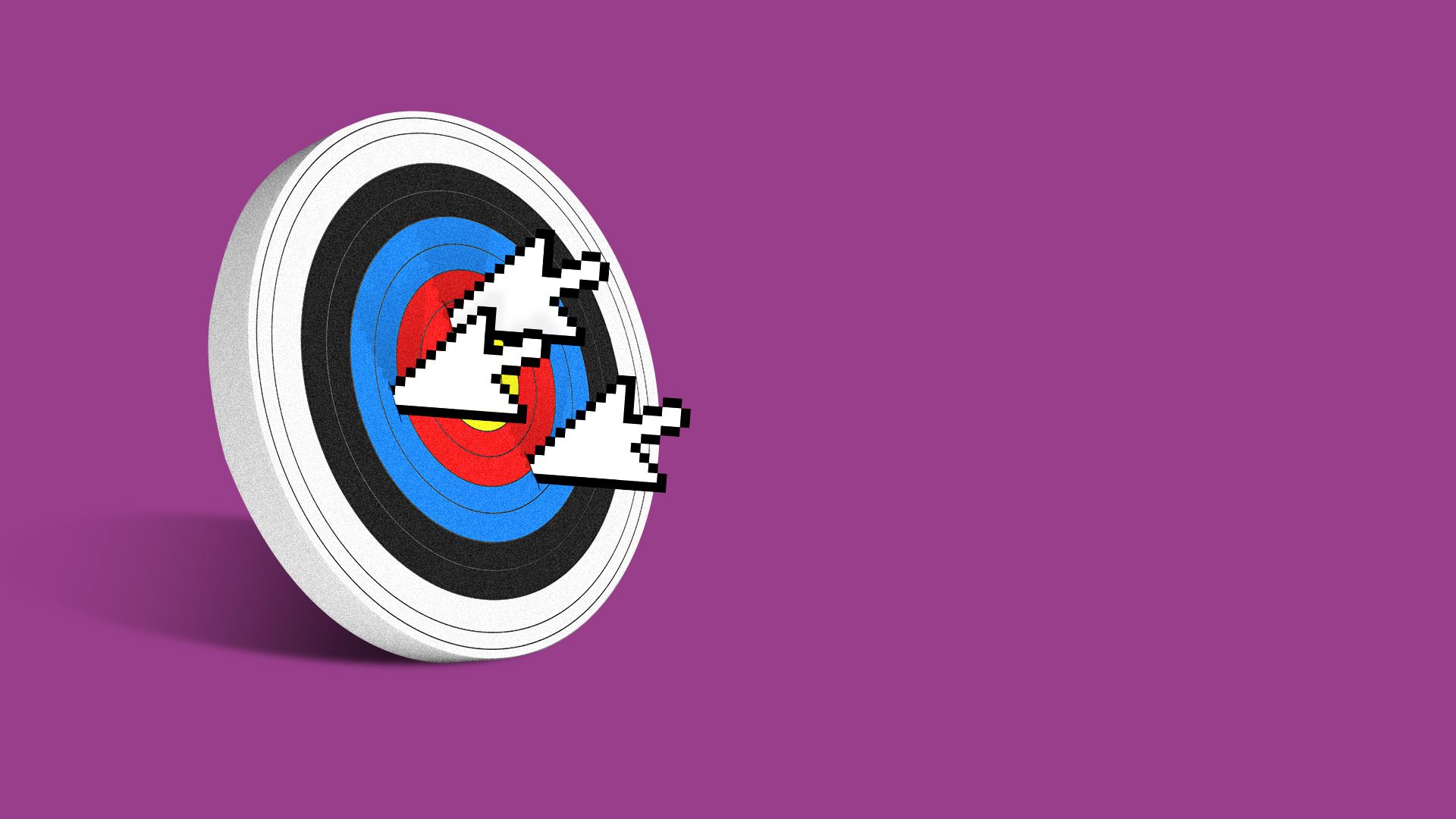 Colorful target with concentric rings in yellow, red, blue, black, and white, pierced by two large pixelated white computer cursors, set against a solid purple background.