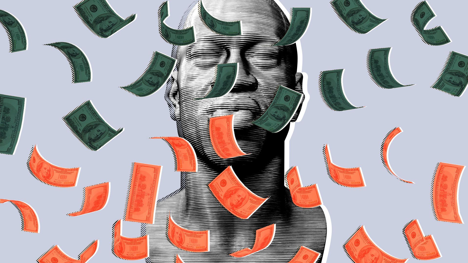 Photo illustration of a statue of George Floyd with money falling around it. 