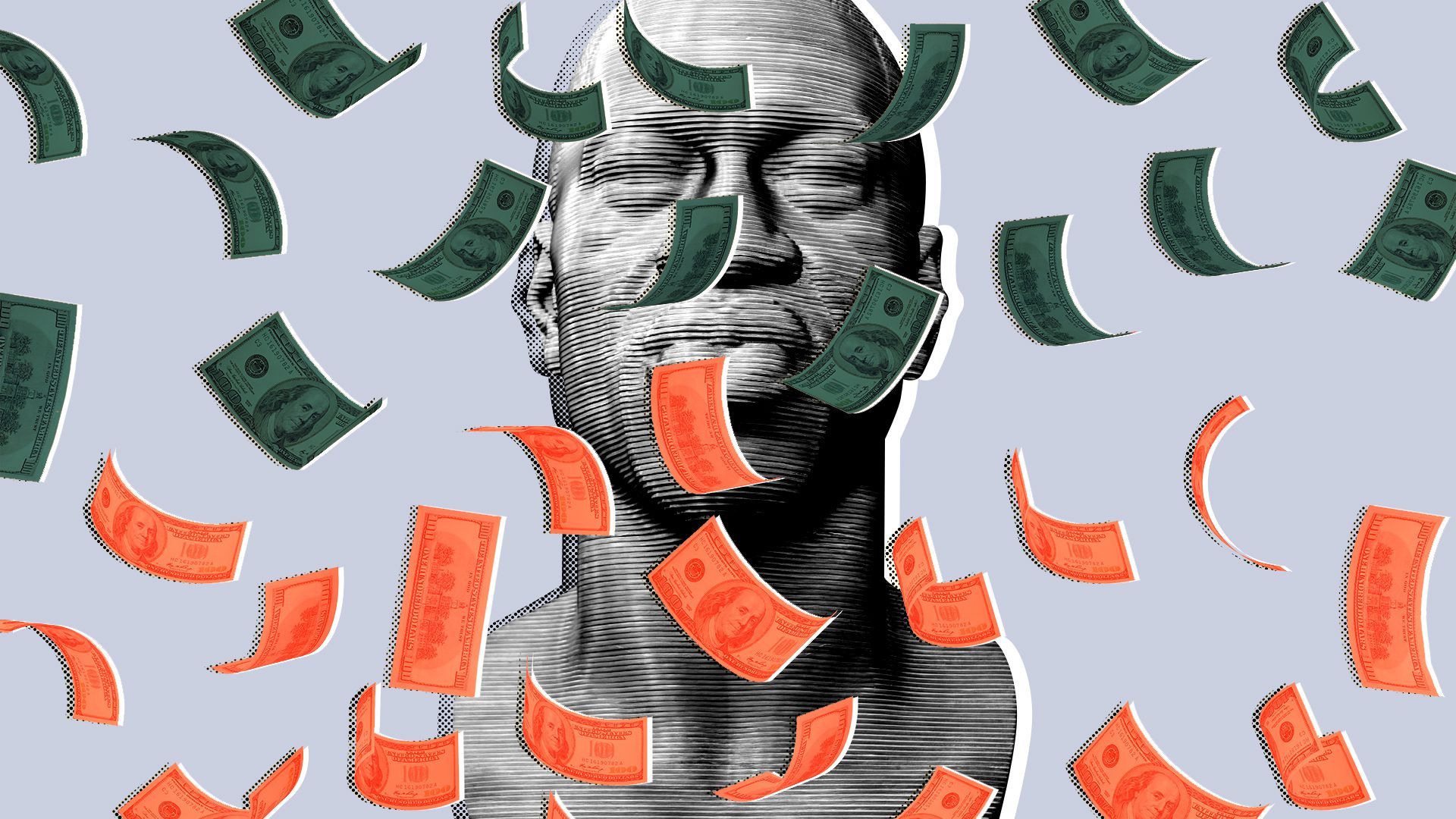 Photo illustration of a statue of George Floyd with money falling around it.