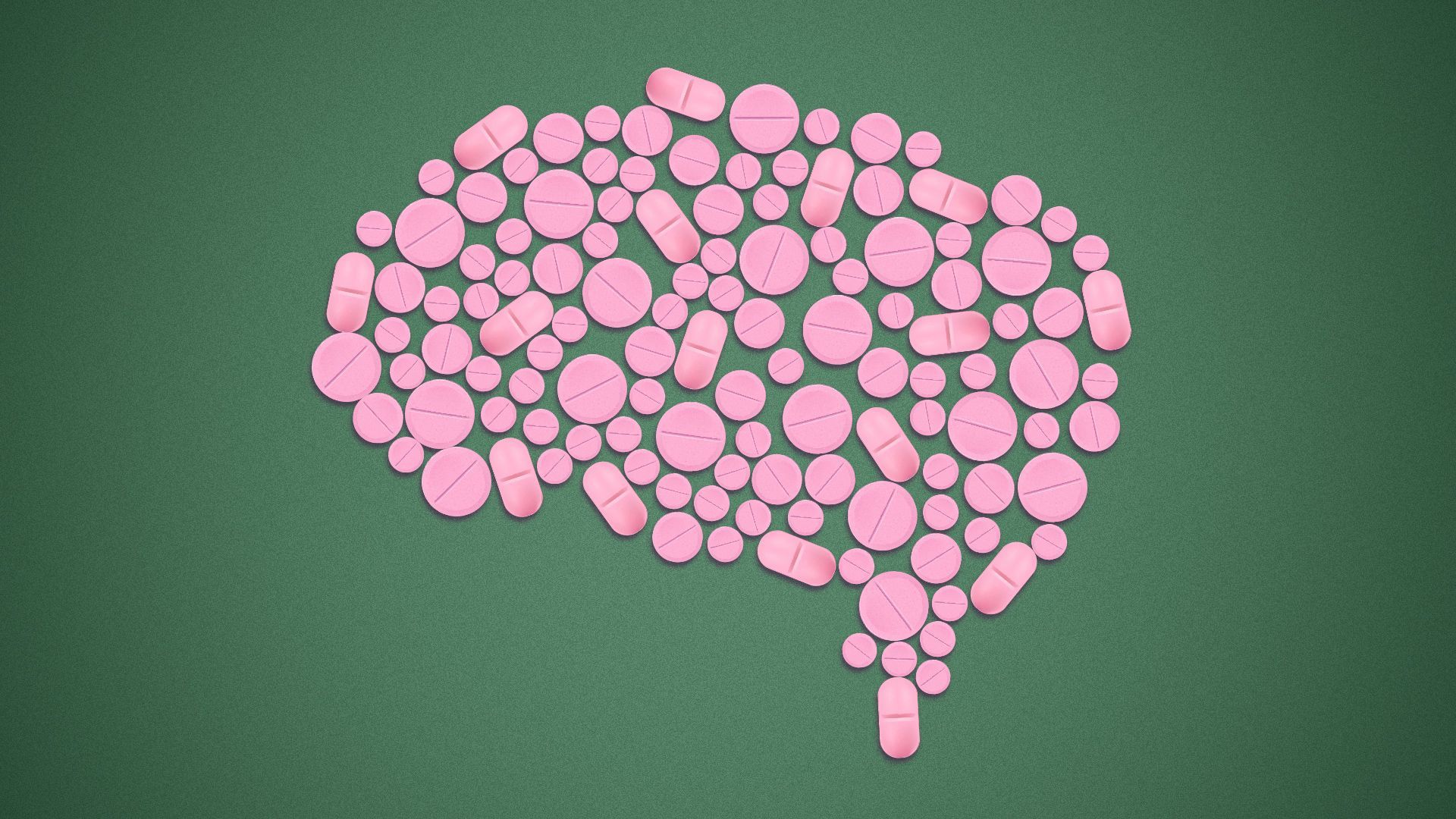Illustration of a brain made up of different sizes and types of pink pills.
