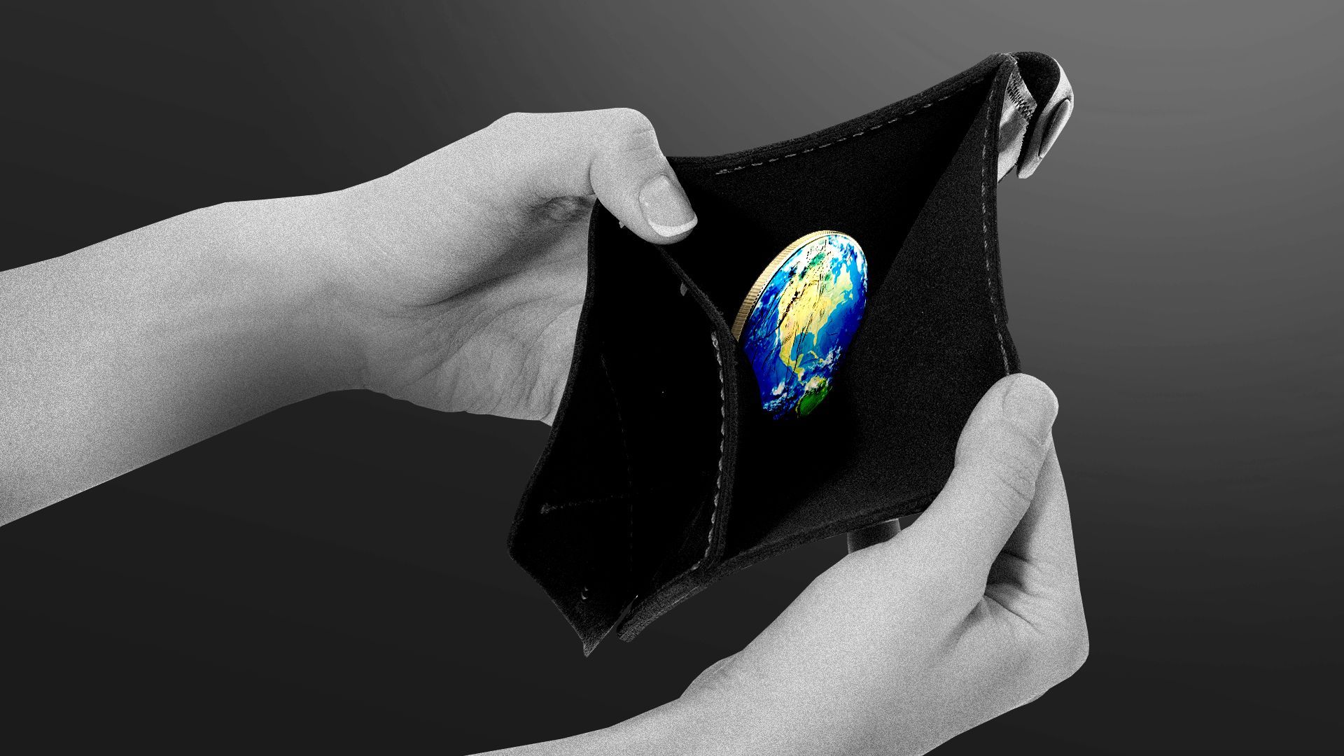 Illustration of hands opening a wallet to reveal Earth in the shape of a coin