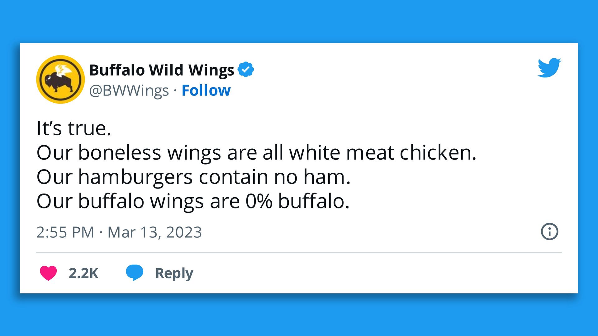 A tweet from Buffalo Wild Wings saying "it's true" that its boneless wings are all white meat chicken, but also that hamburgers contain no ham and buffalo wings don't contain buffalo