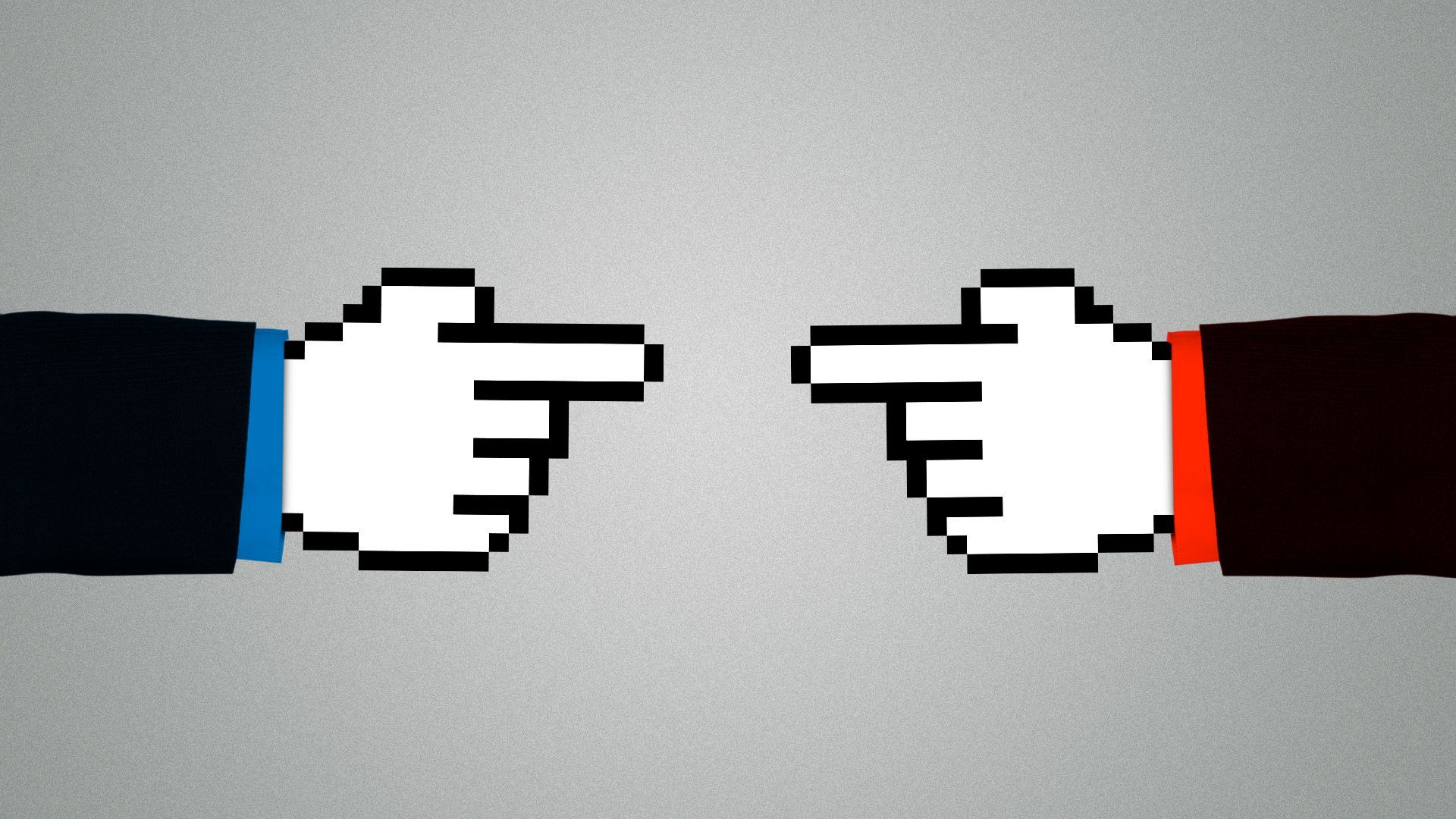 Illustration of two hands made out of cursors pointing at each other. The shirt worn by each hand designates their party.  