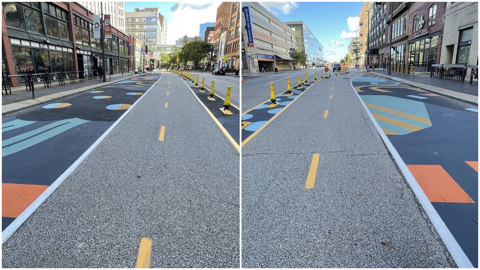 Split image of an urban street with colorful geometric murals along the bike lanes, a line of yellow traffic cones across the median, and tall buildings, trees, and a bright blue sky.