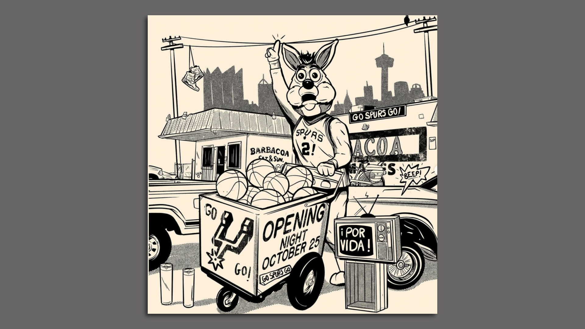 A drawing of the Spurs Coyote pushing a cart of basketballs near a busy street corner. 