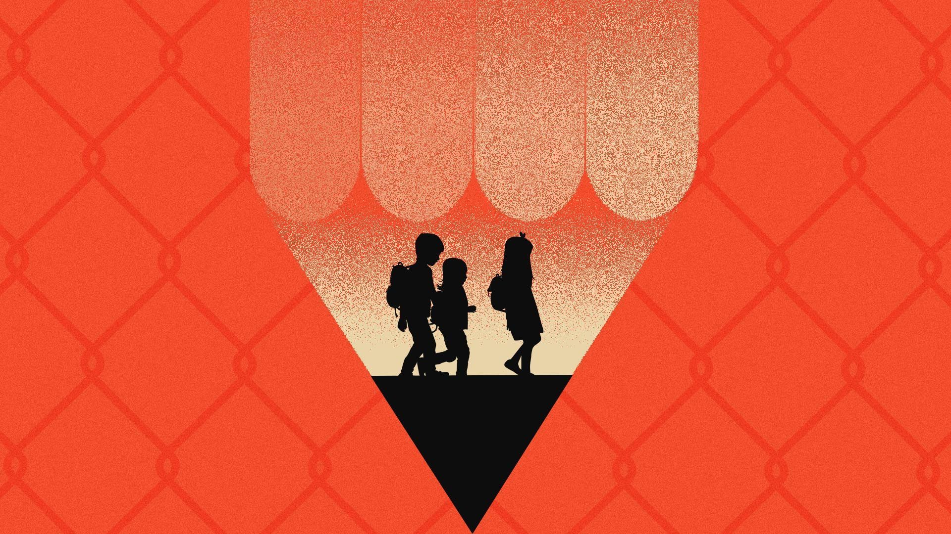 Illustration of three children in silhouette walking on the lead of a pencil with a chain linked fence in the background