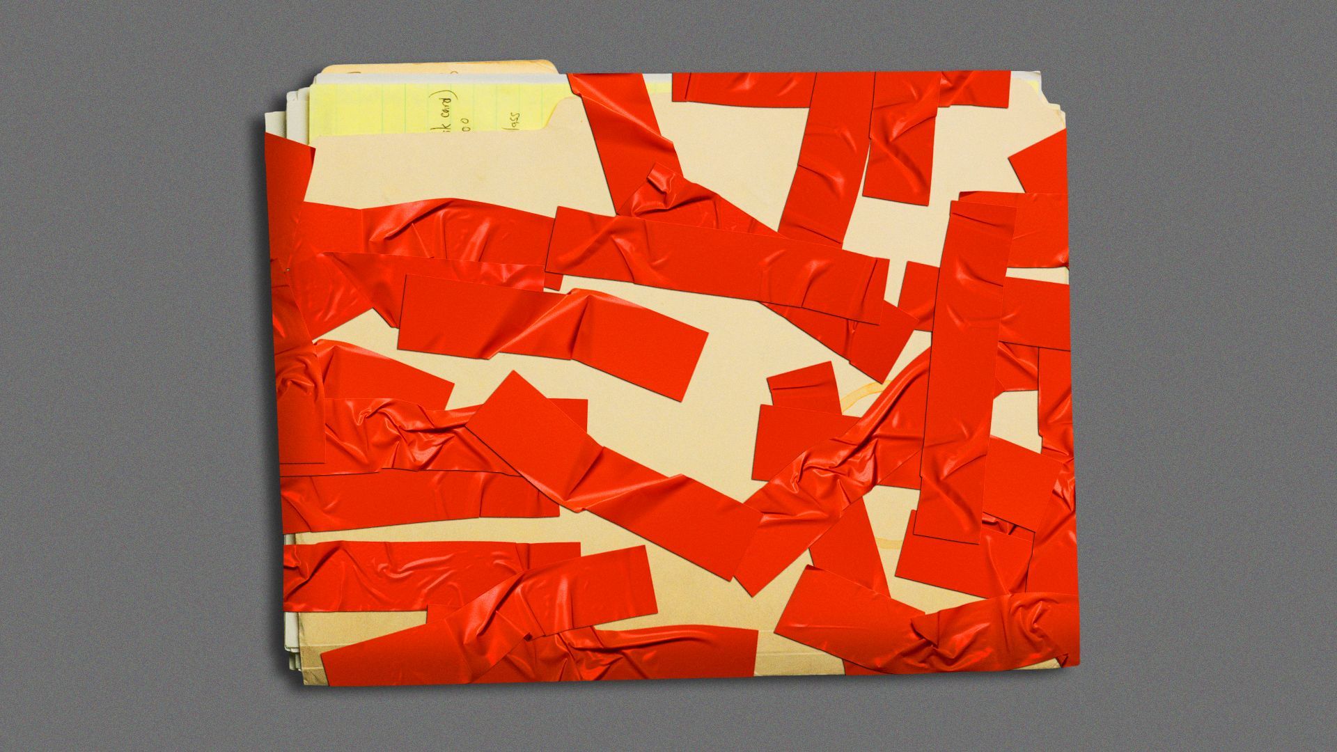 Illustration of a manila folder being slowly covered by red tape.