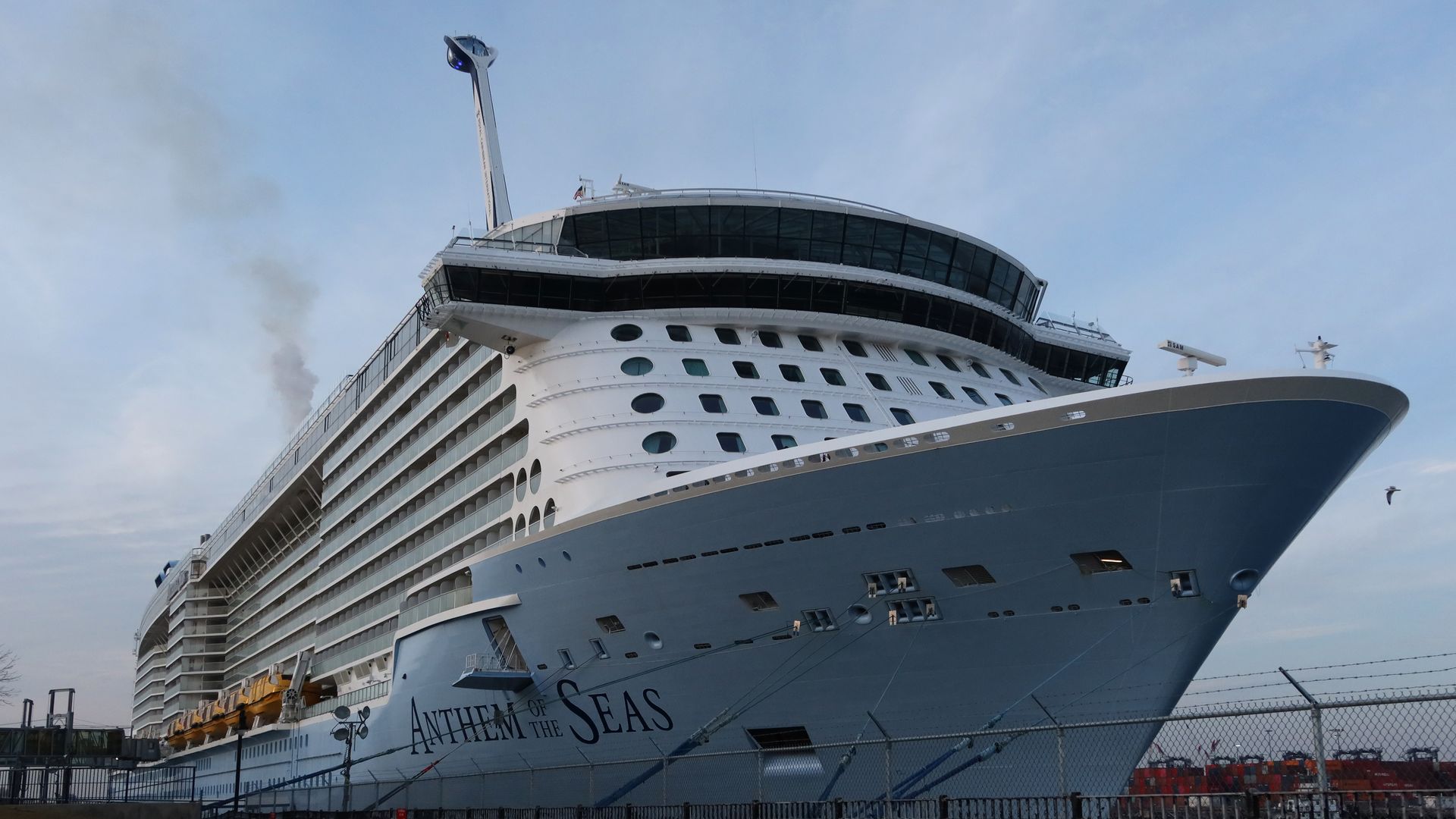 he Royal Caribbean Anthem of the Seas cruise ship is prepared for its next voyage as it is docked on December 24, 2021, in Bayonne, New Jersey. 