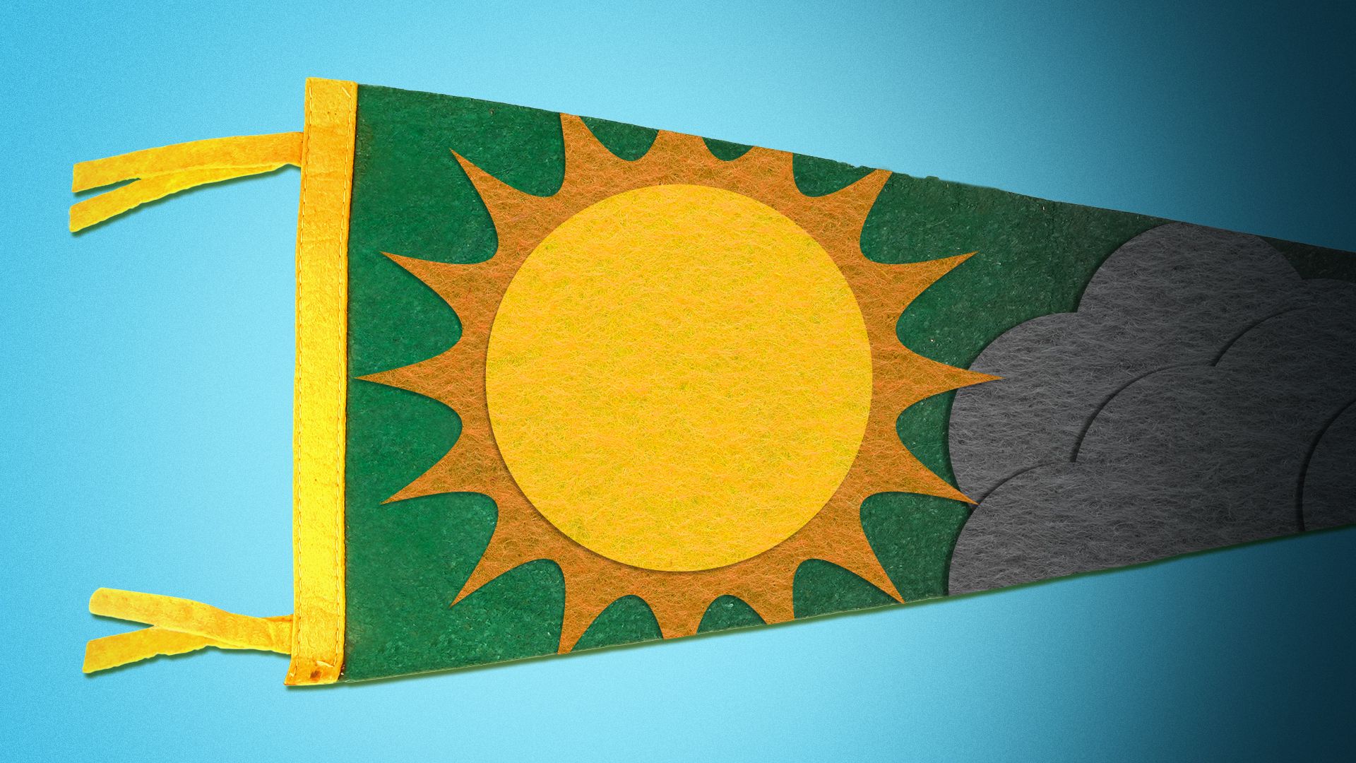 Illustration of a pennant featuring a sun and dark clouds.