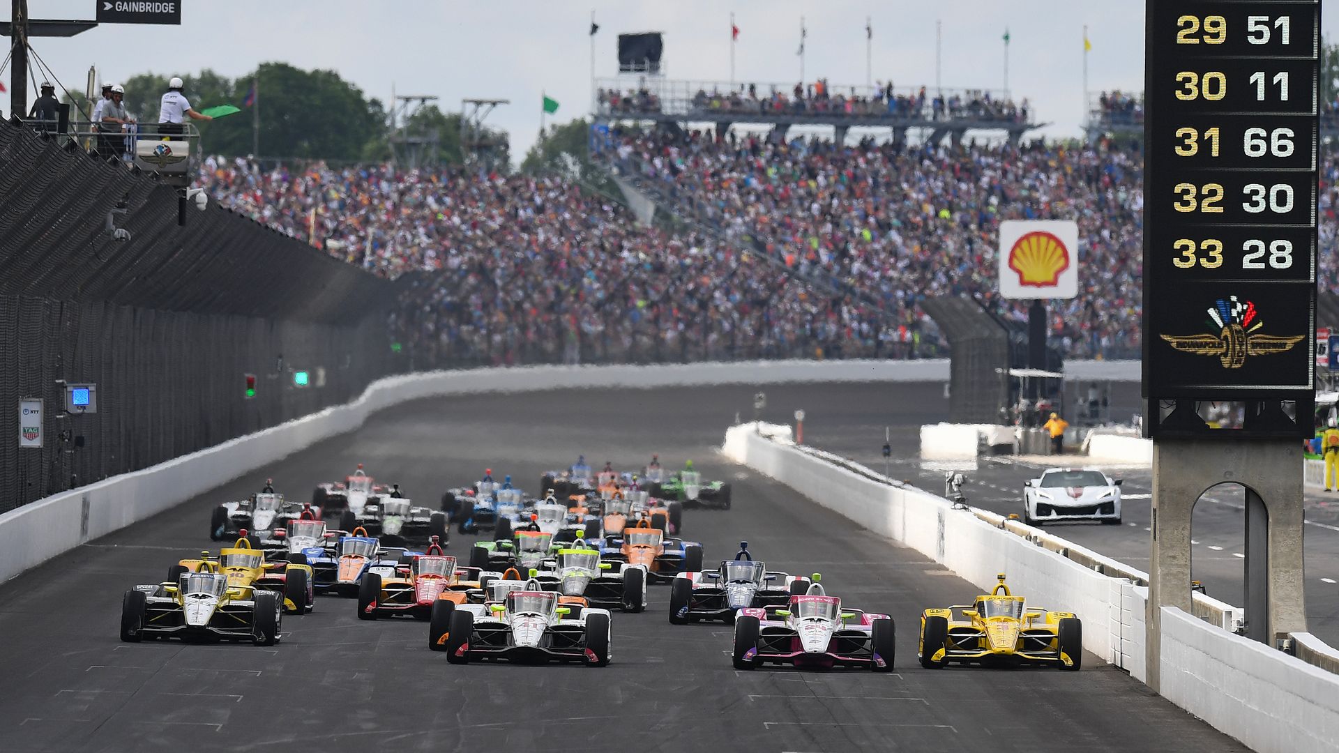 Colton Herta of USA (26) driving for Andretti Global W/ Curb-Agajanian | Gainbridge, Sting Ray Robb of USA (41) driving for A.J. Foyt Enterprises, Conor Daly of USA (24) driving for Dreyer & Reinbold Racing / Cusick Motorsports, and Scott Mclaughlin of New Zealand (3) driving for Team Penske race fo