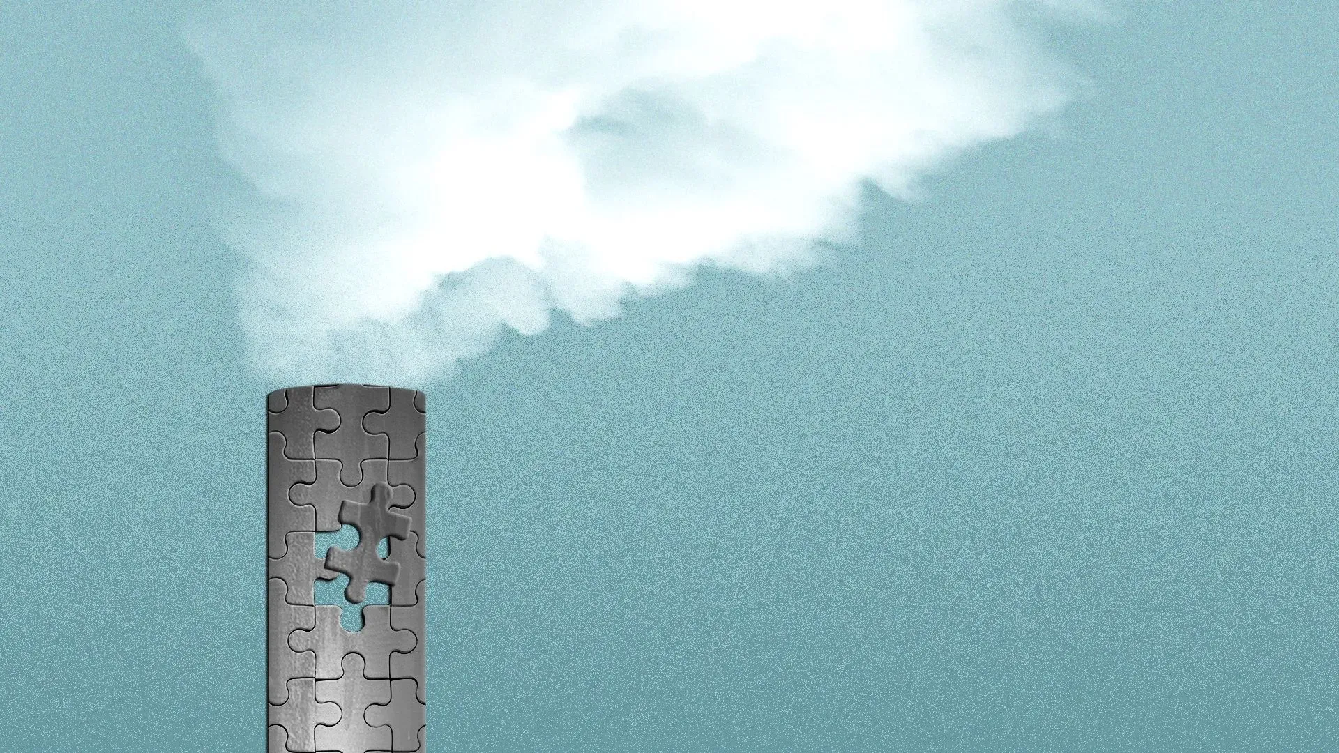 Tall column of interlocking gray puzzle pieces starts at the bottom left, with gaps near the center, set against a teal sky and a bright white cloud overhead.
