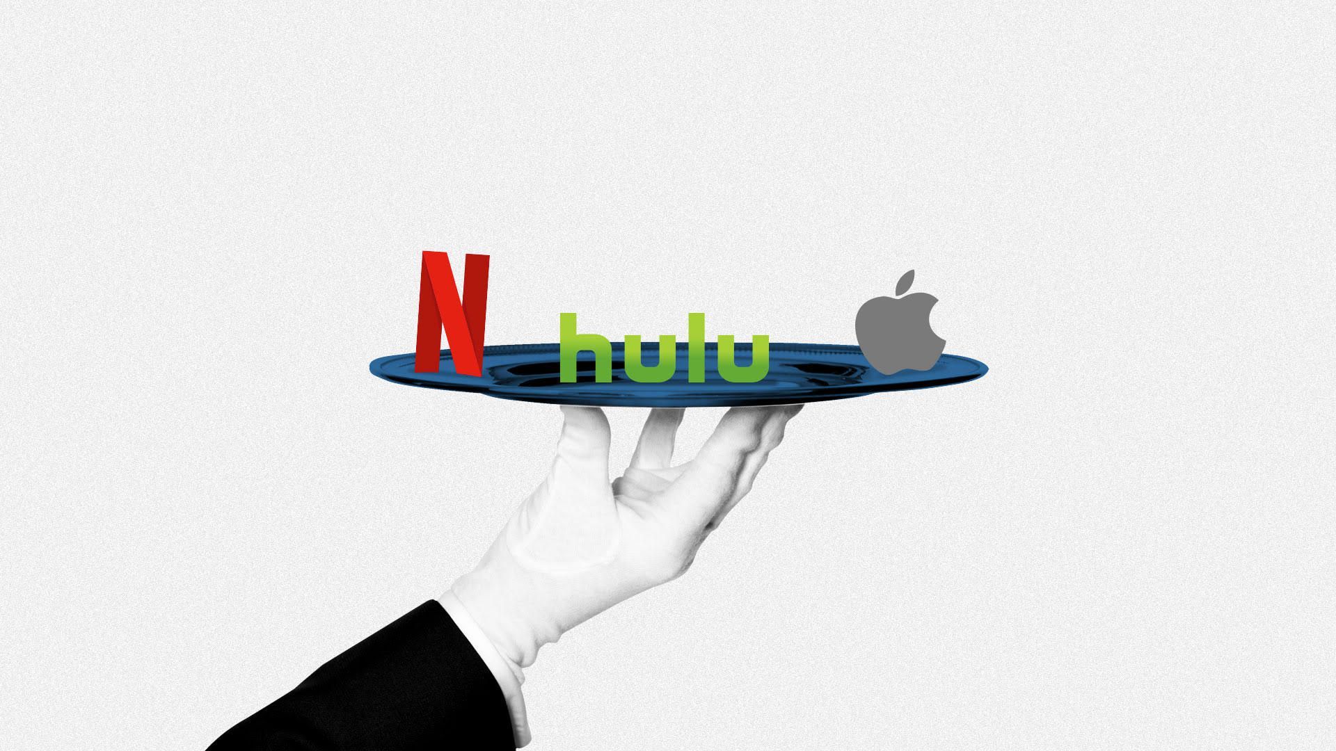 Illustration showing logos of streaming services like Netflix and Hulu served up on a platter