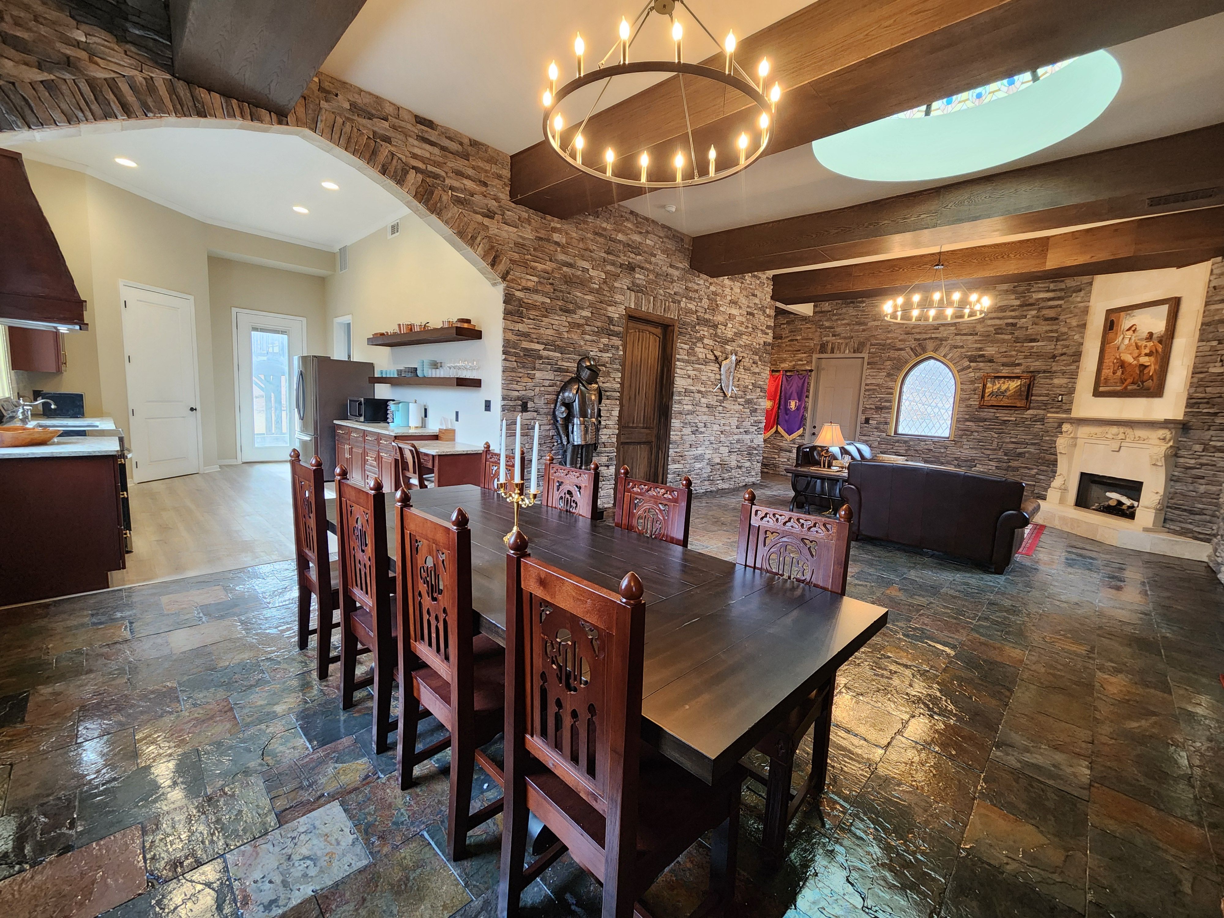 The dining room table seats eight individuals