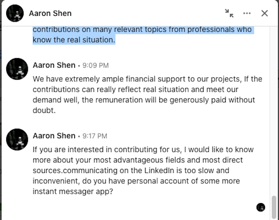 A screenshot of the conversation with Aaron Shen on LinkedIn.