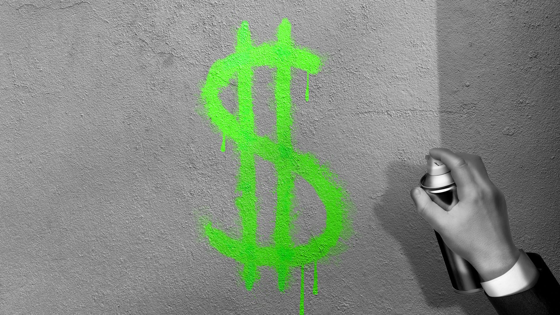 Illustration of a hand in a business suit spray painting a dollar sign on a wall