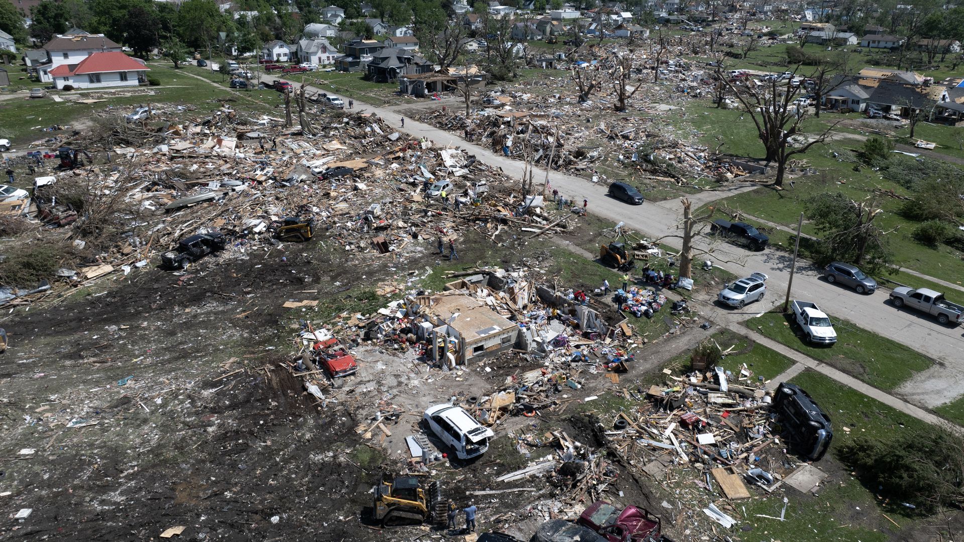An aerial view shows the devastation left behind after a tornado tore through town Tuesday.