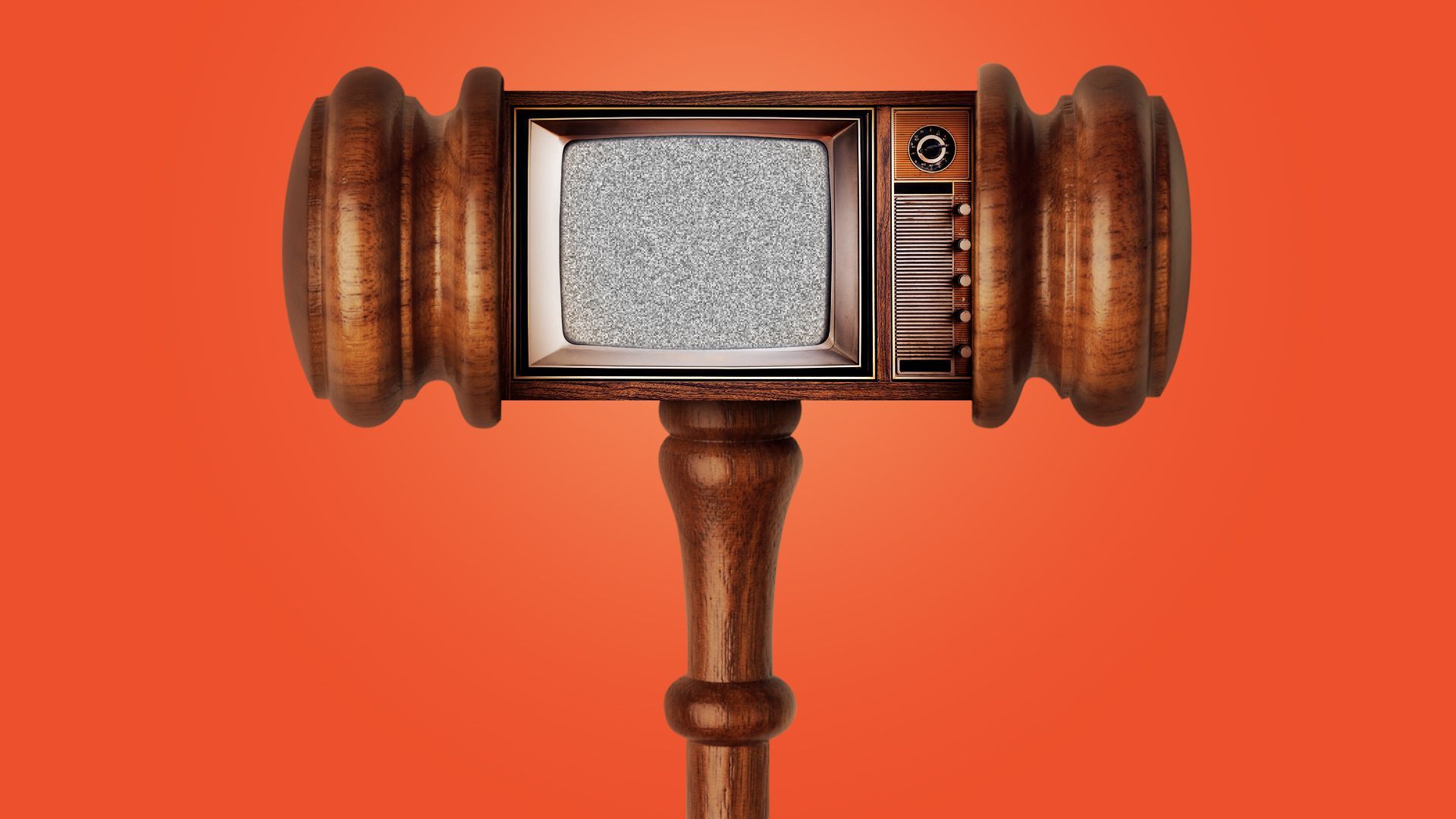 Illustration of a gavel with the center being a staticky TV