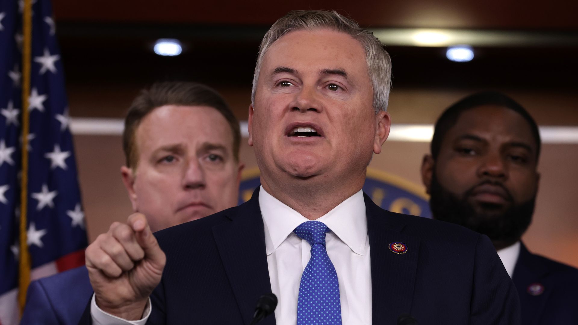 Flanked by House Republicans, U.S. Rep. James Comer (R-KY) speaks during a news conference at the U.S. Capitol on November 17, 2022 in Washington, DC.