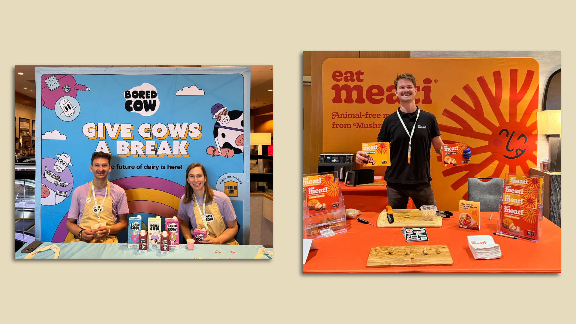 Trade show booths from food companies Bored Cow (left) and Meati (right).