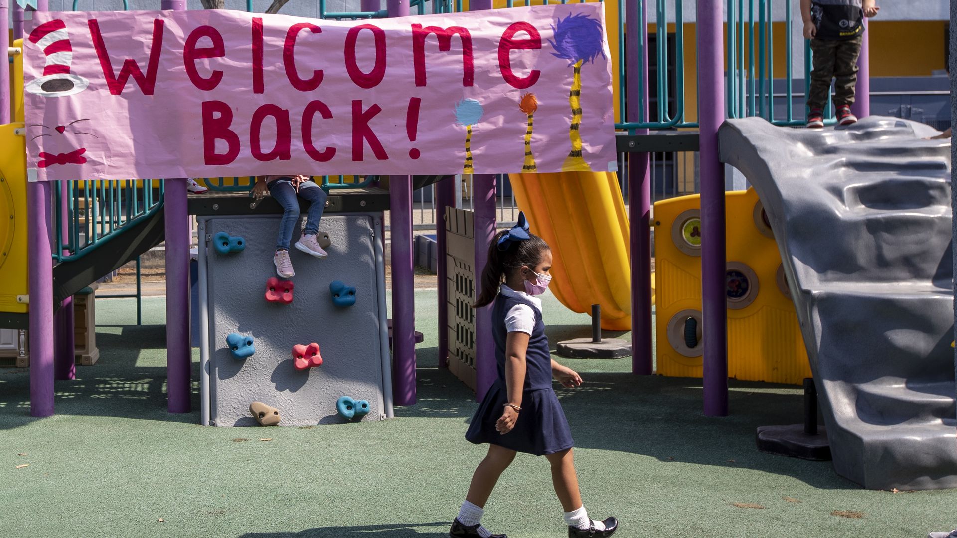 Kindergarteners play during recess on the first day of school at Los Angeles Unified School District at Montara Avenue Elementary School