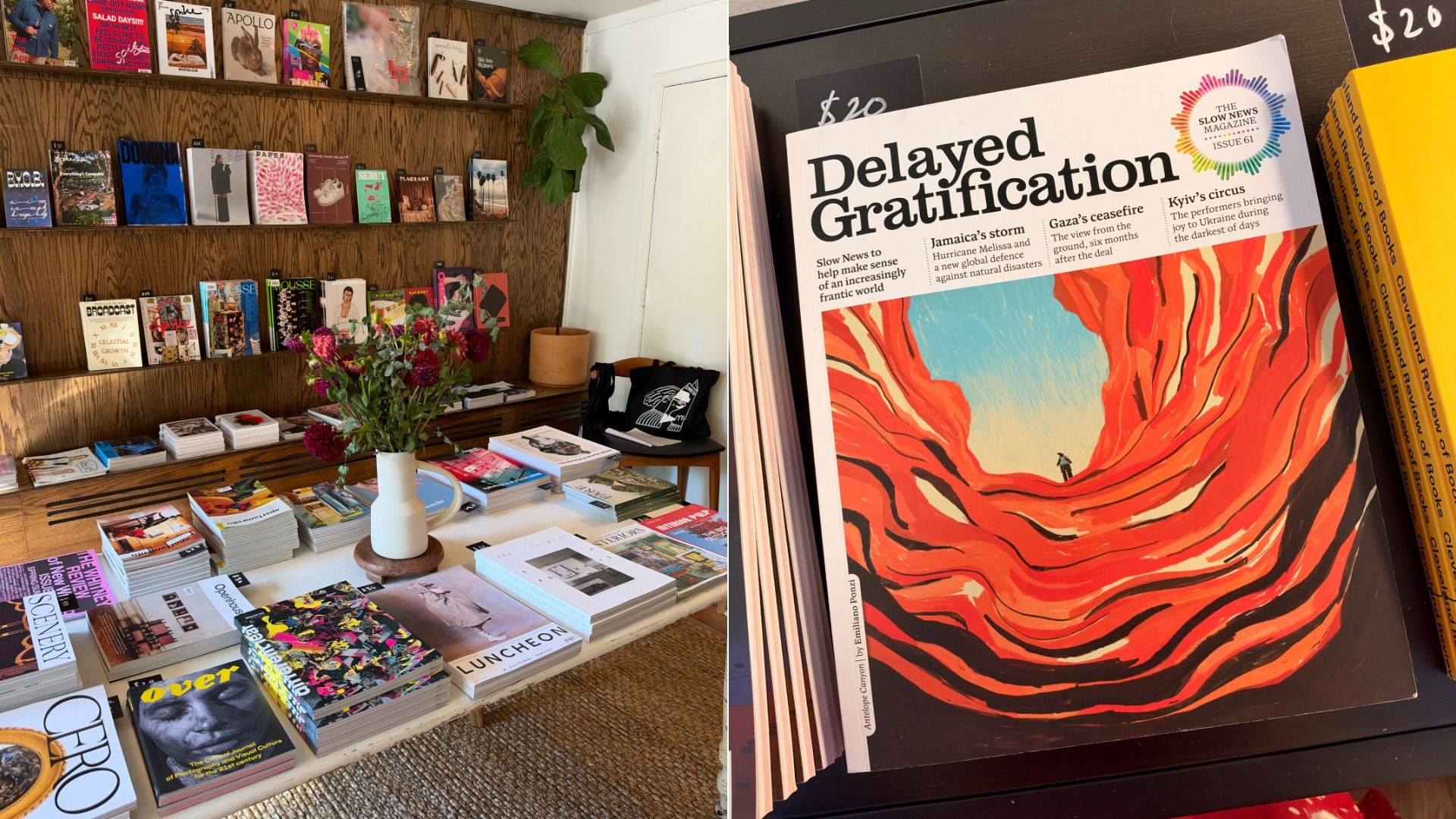 Two-panel image: left shows a wood-paneled bookstore with shelves of magazines, a table of stacks, and a vase of flowers; right shows a close-up of the magazine "Delayed Gratification" with bold type and colorful cover art.