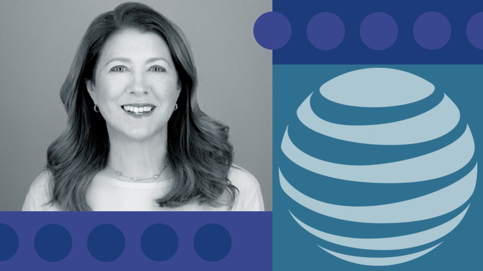 Photo illustration of Krista Pilot with geometric shapes and AT&T's logo.
