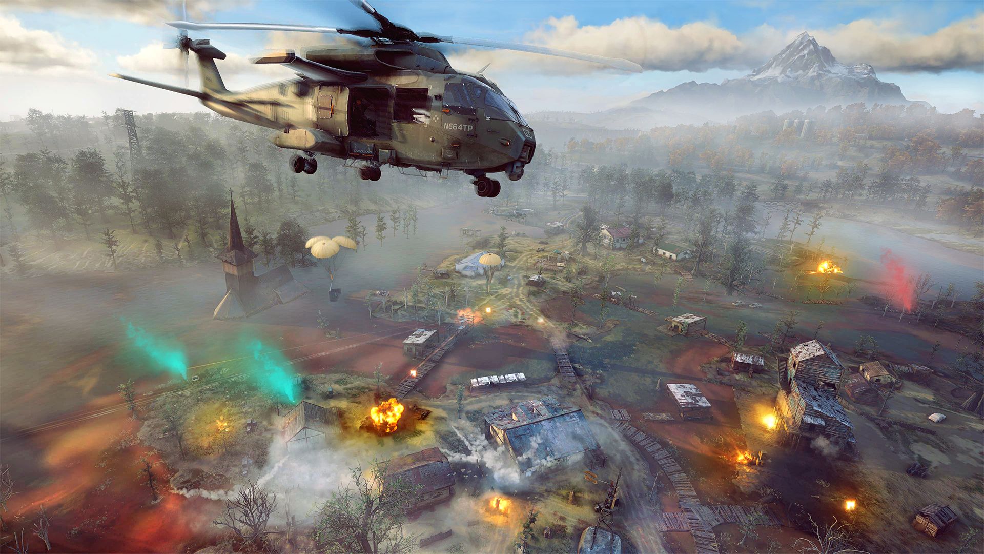 Video game screenshot of a helicopter over a battle being waged in a forest