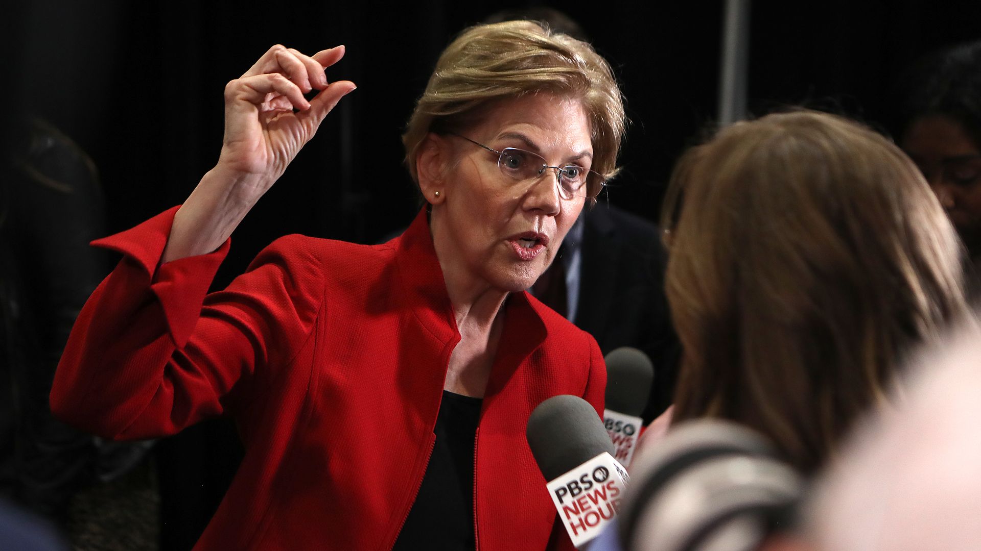 Elizabeth Warren (D-MA) speaks with the media after the Democratic presidential primary debate 