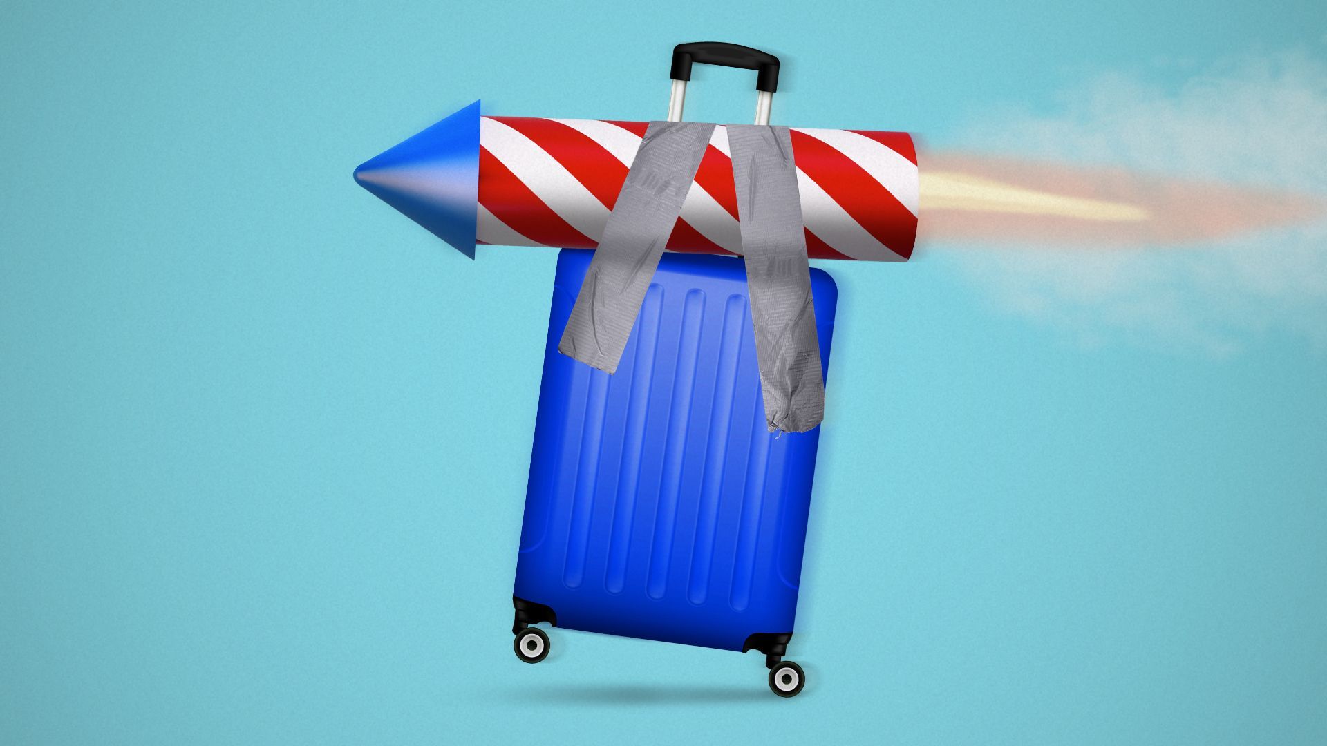 Illustration of a rolling suitcase taped to a propelling rocket firework.