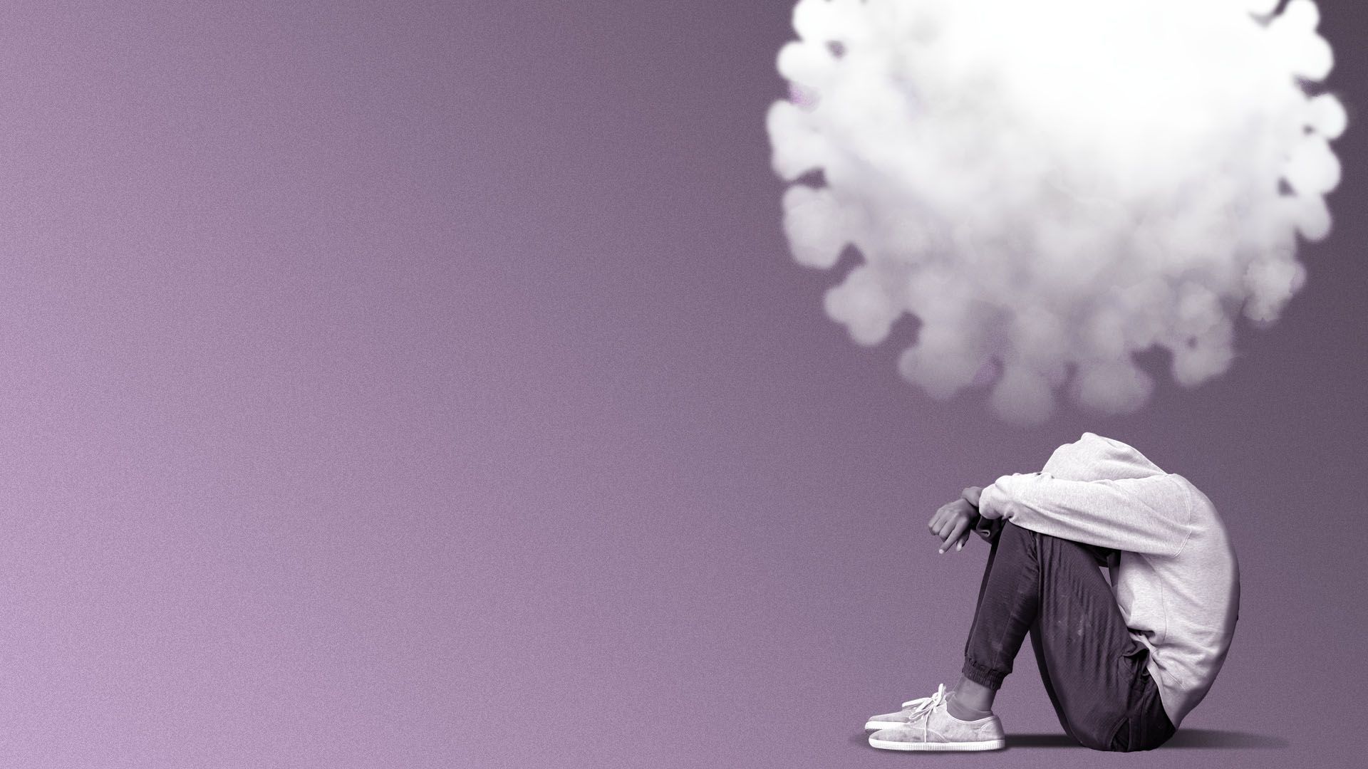 Illustration of a person sitting under a cloud shaped like a virus