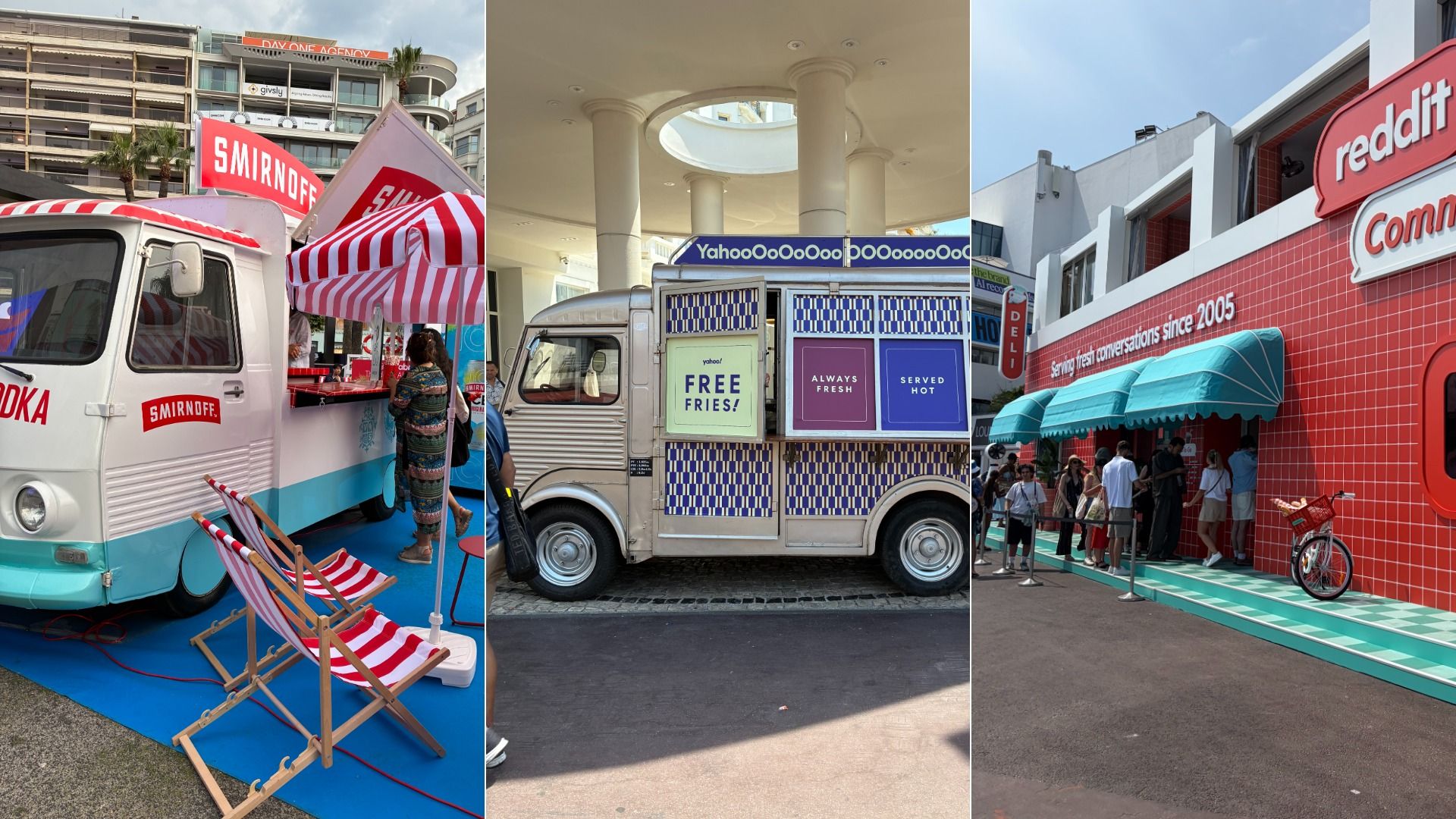 Triptych of promotional trucks: left Smirnoff ice-cream van with red-and-white tents; center Yahoo! van with 'Free Fries' and 'Always Fresh' panels; right Reddit storefront with red tiles and teal canopies.