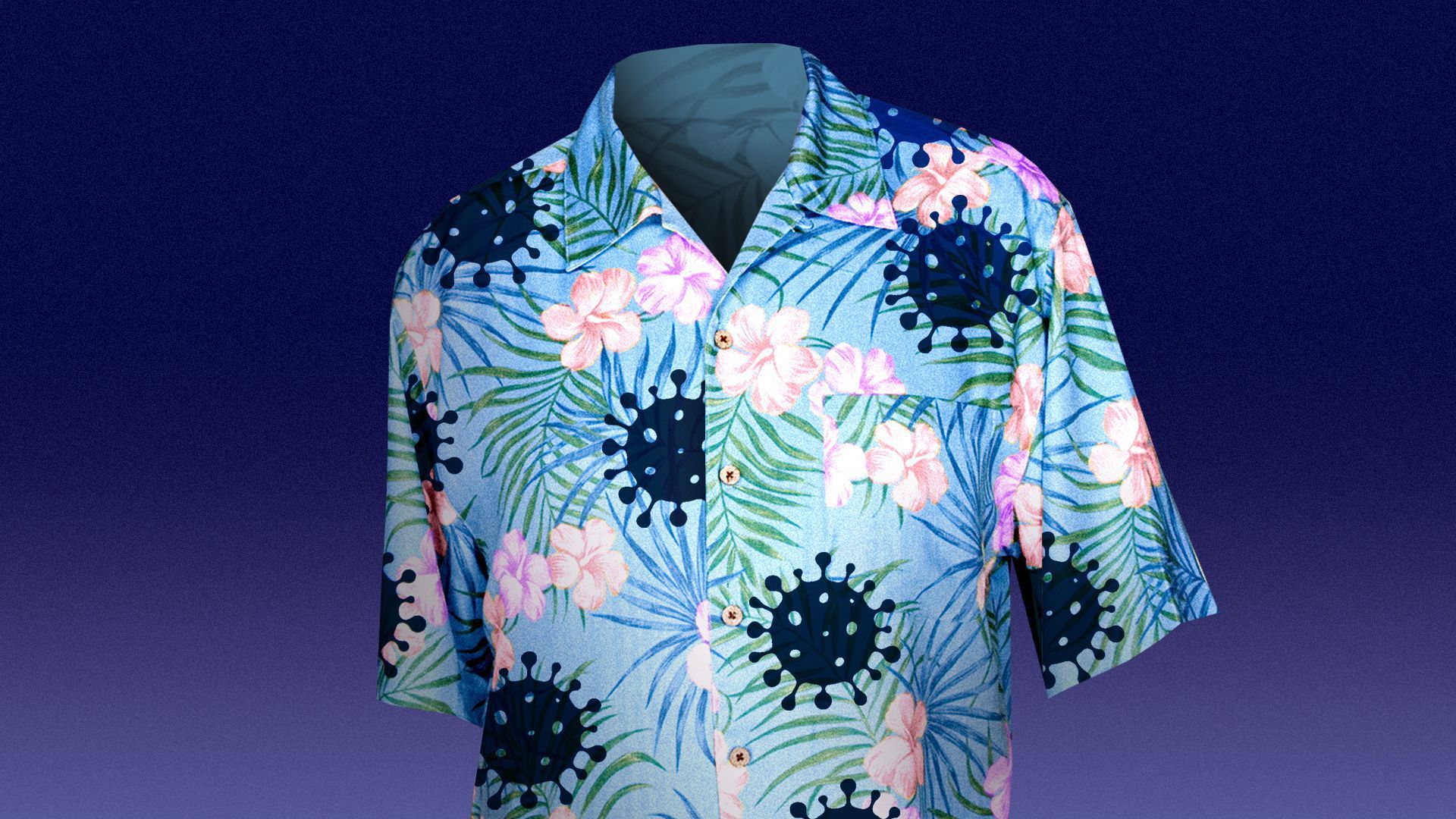Illustration of a Hawaiian shirt with coronavirus prints.