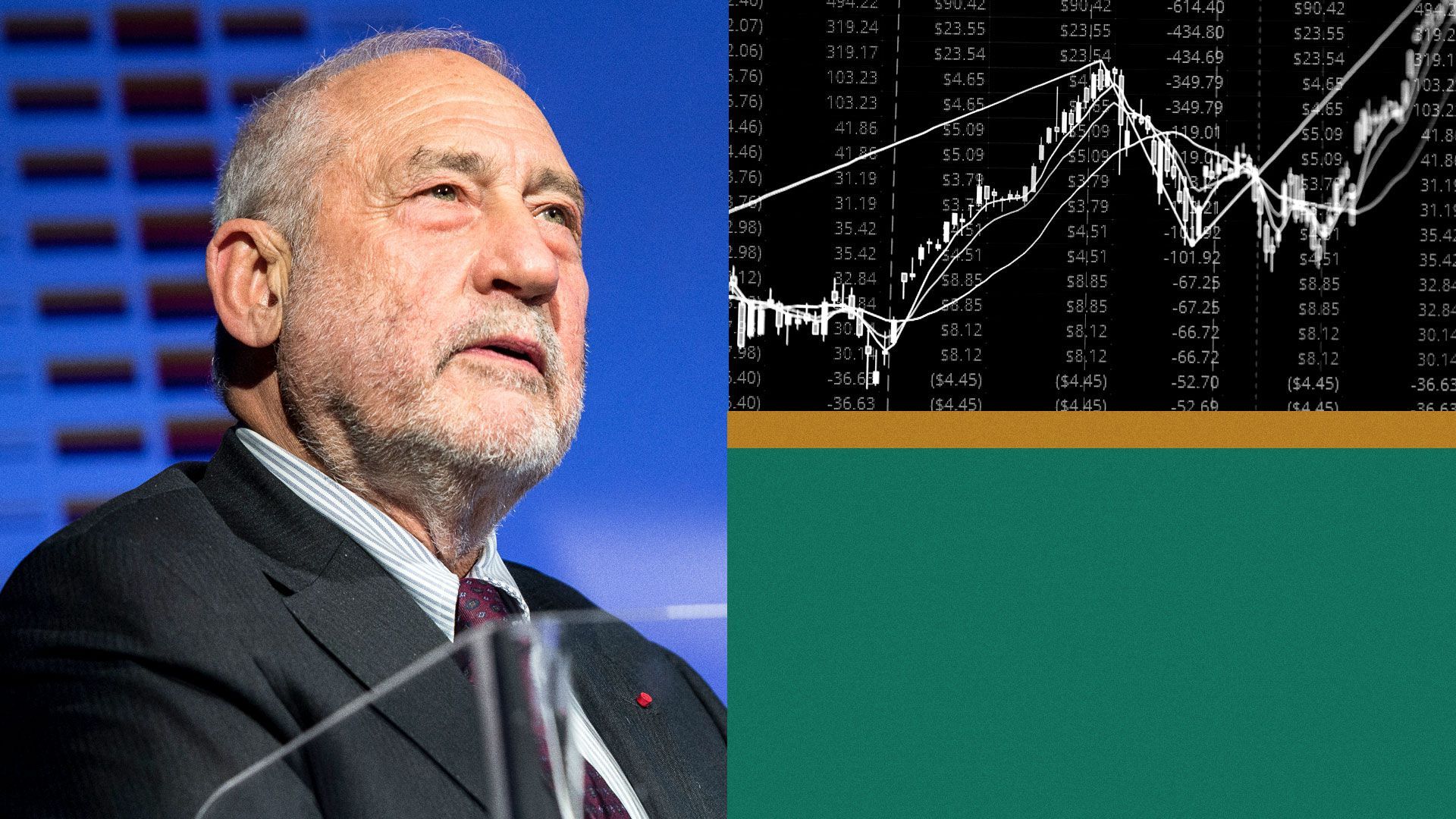Photo illustration of Joseph Stiglitz and a stock chart.