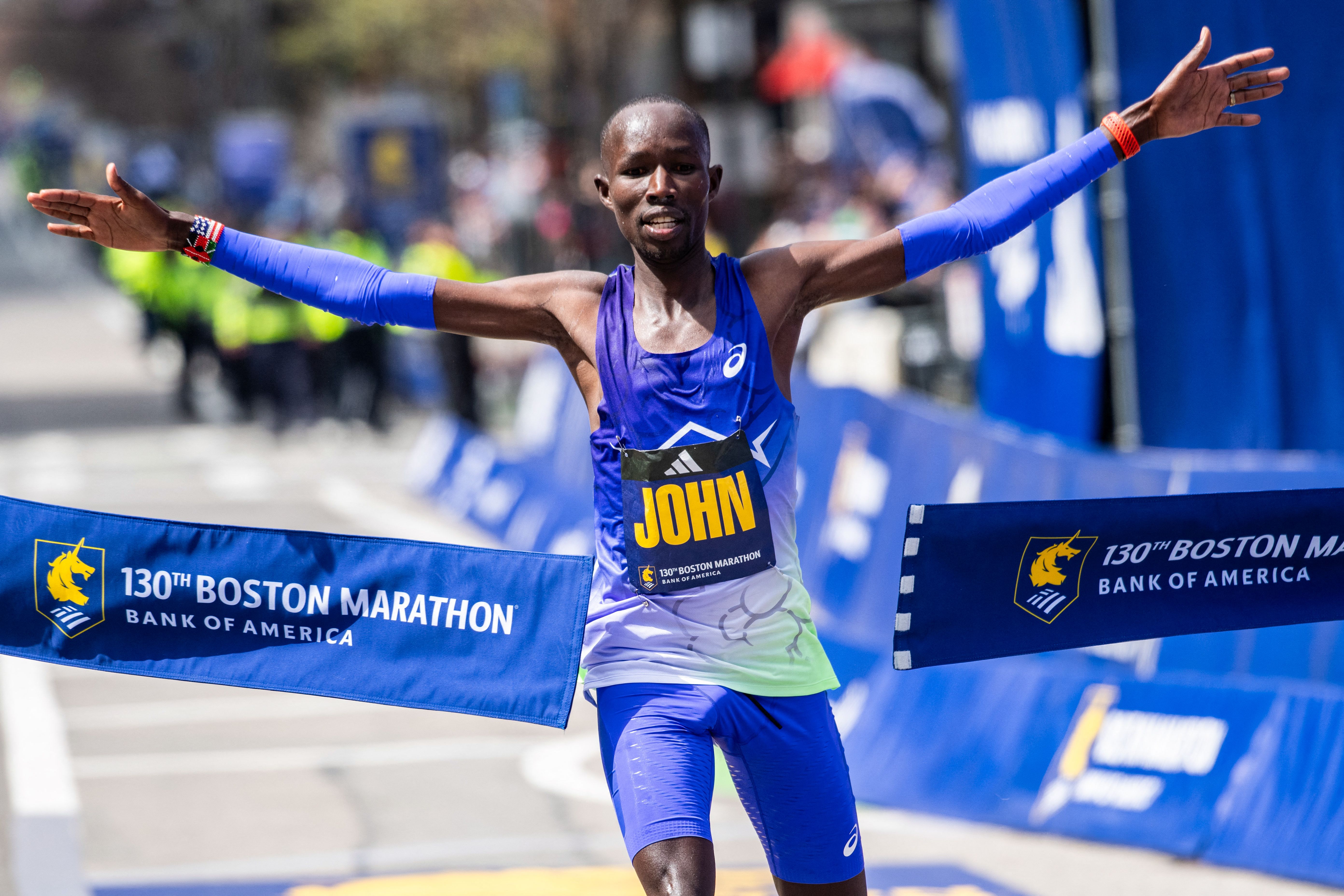John Korir crosses the Boston Marathon finish line today. Photo: Joseph Prezioso/AFP via Getty Images