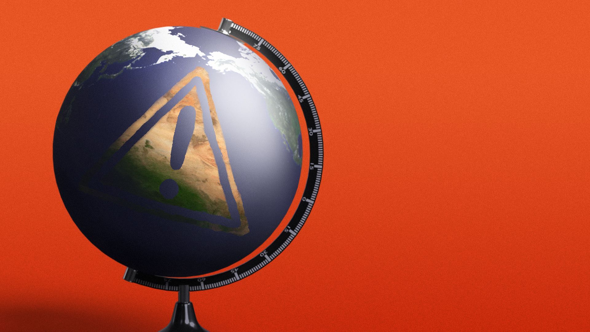 Illustration of a caution sign-shaped continent on a globe.