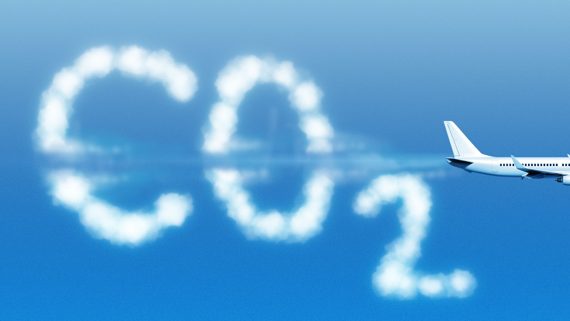 Illustration of an airplane flying through a cloud in the shape of the word CO2