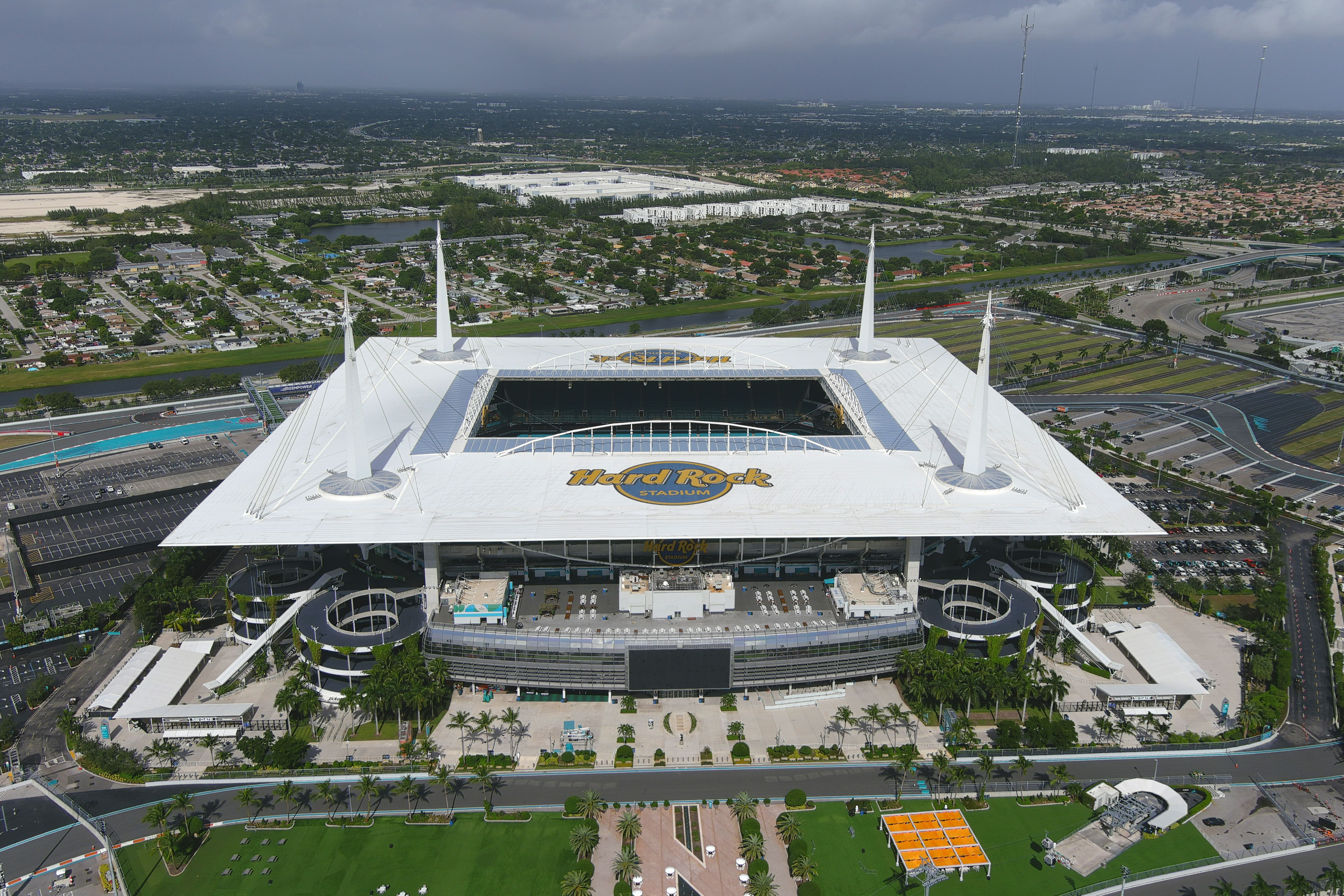 MIAMI GARDENS, FLORIDA - OCTOBER 30: A general overall aerial view of Hard Rock Stadium on October 30, 2024 in Miami Gardens, Florida. (Photo by Kirby Lee/Getty Images)