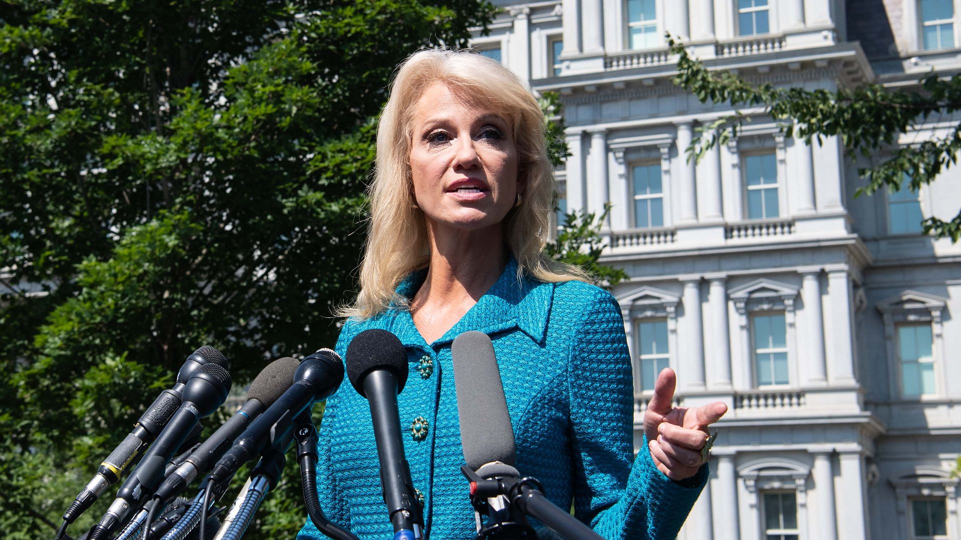 White House counselor Kellyanne Conway speaks to the press at the White House in Washington, DC