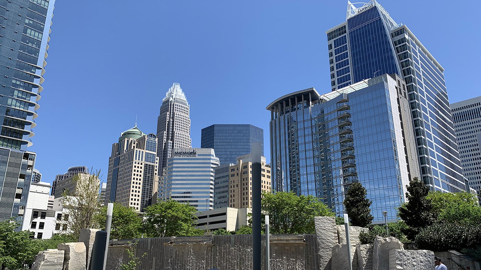 view of the Charlotte North Carolina skyline from Romare Bearden Park
