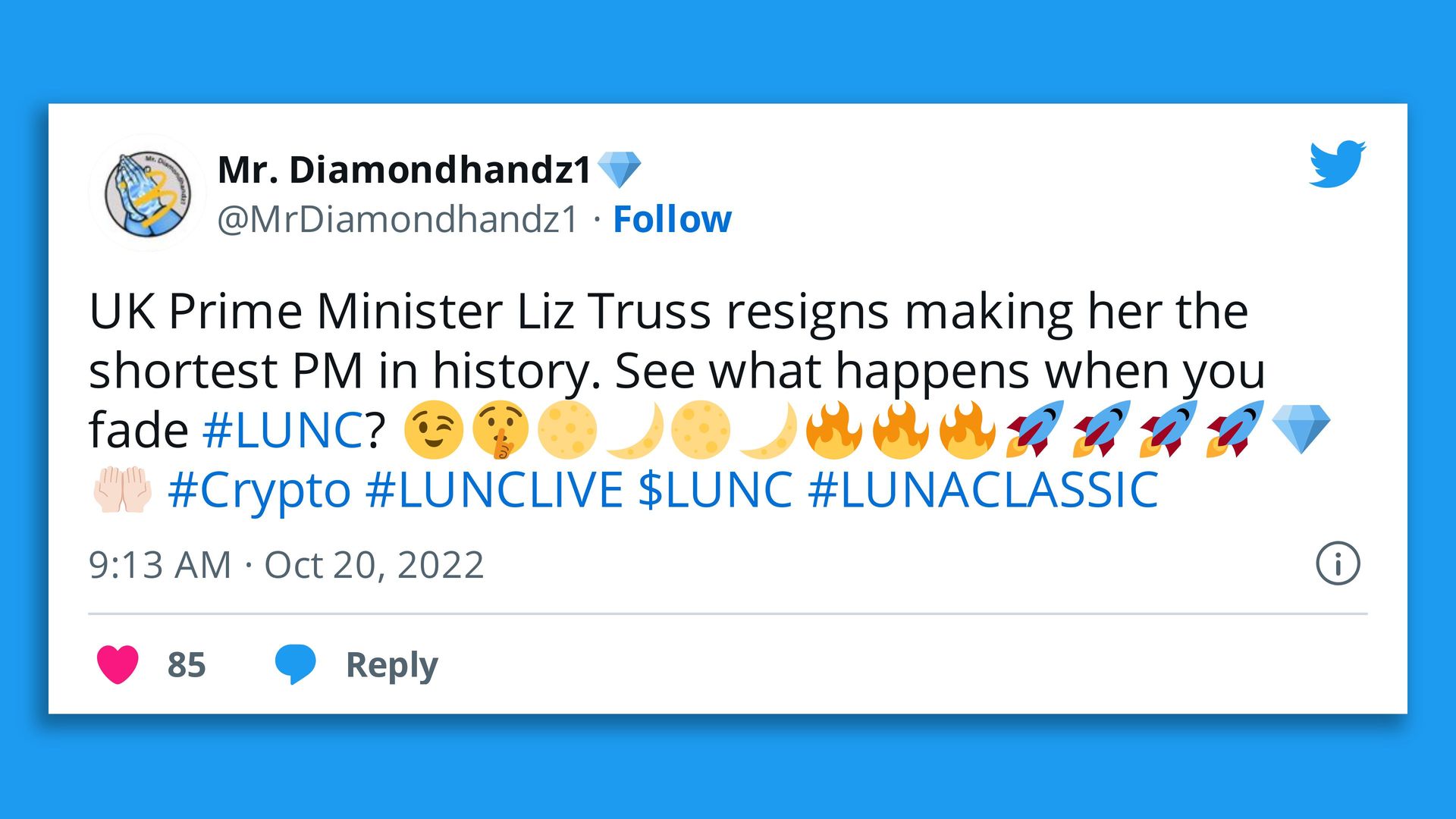 Tweet using UK Prime Minister Liz Truss' resignation to pump coins