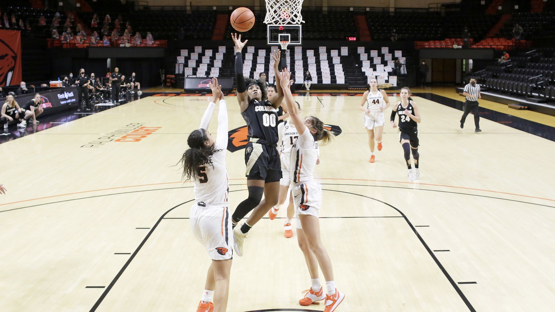 Colorado's Jaylyn Sherrod takes a shot against Oregon State in 2020. Photo: Soobum Im/Getty Images