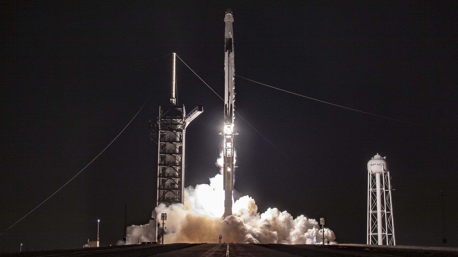 A SpaceX rocket launch from Florida at night