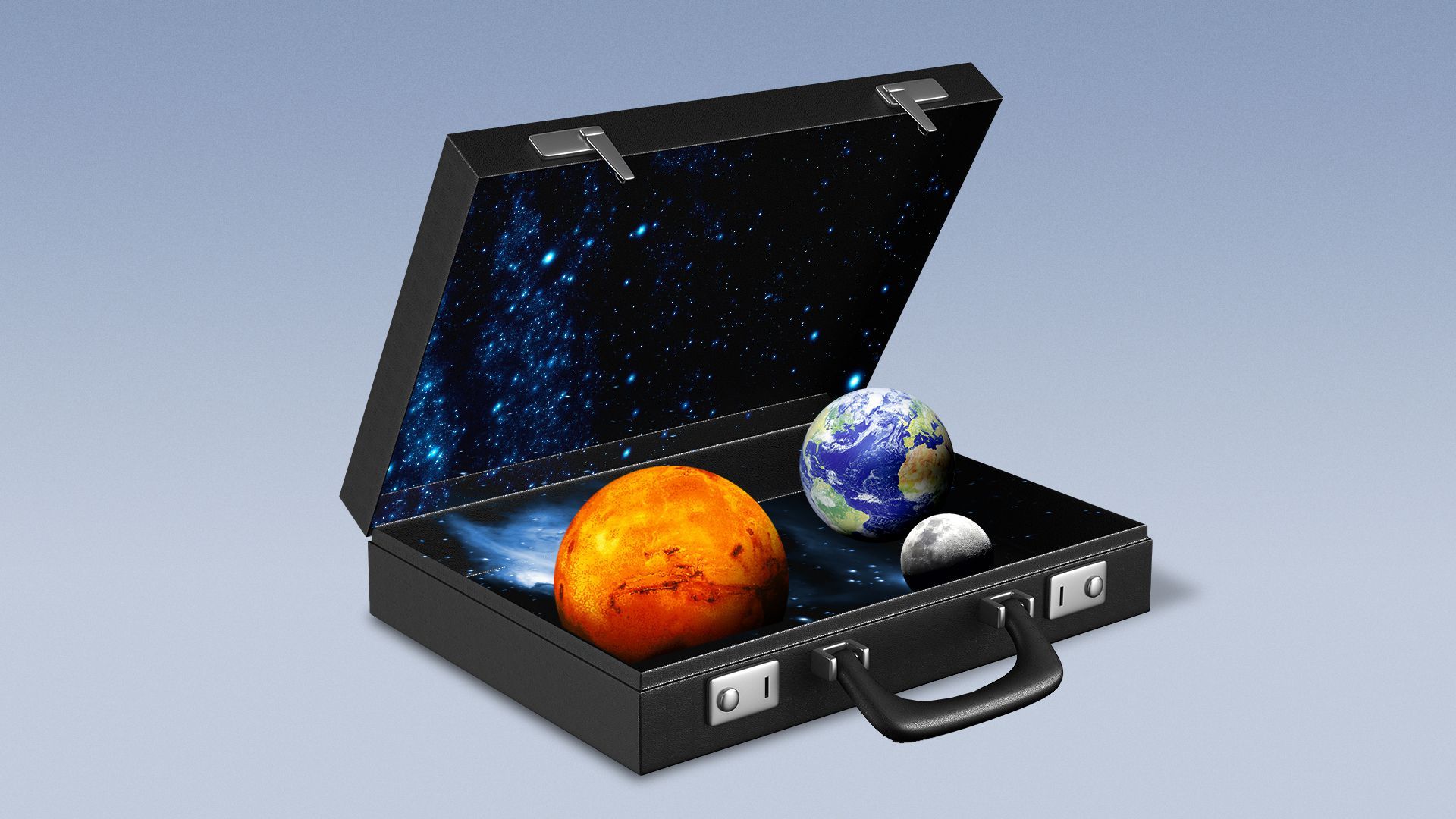 Illustration of a briefcase opened to reveal stars and planets inside