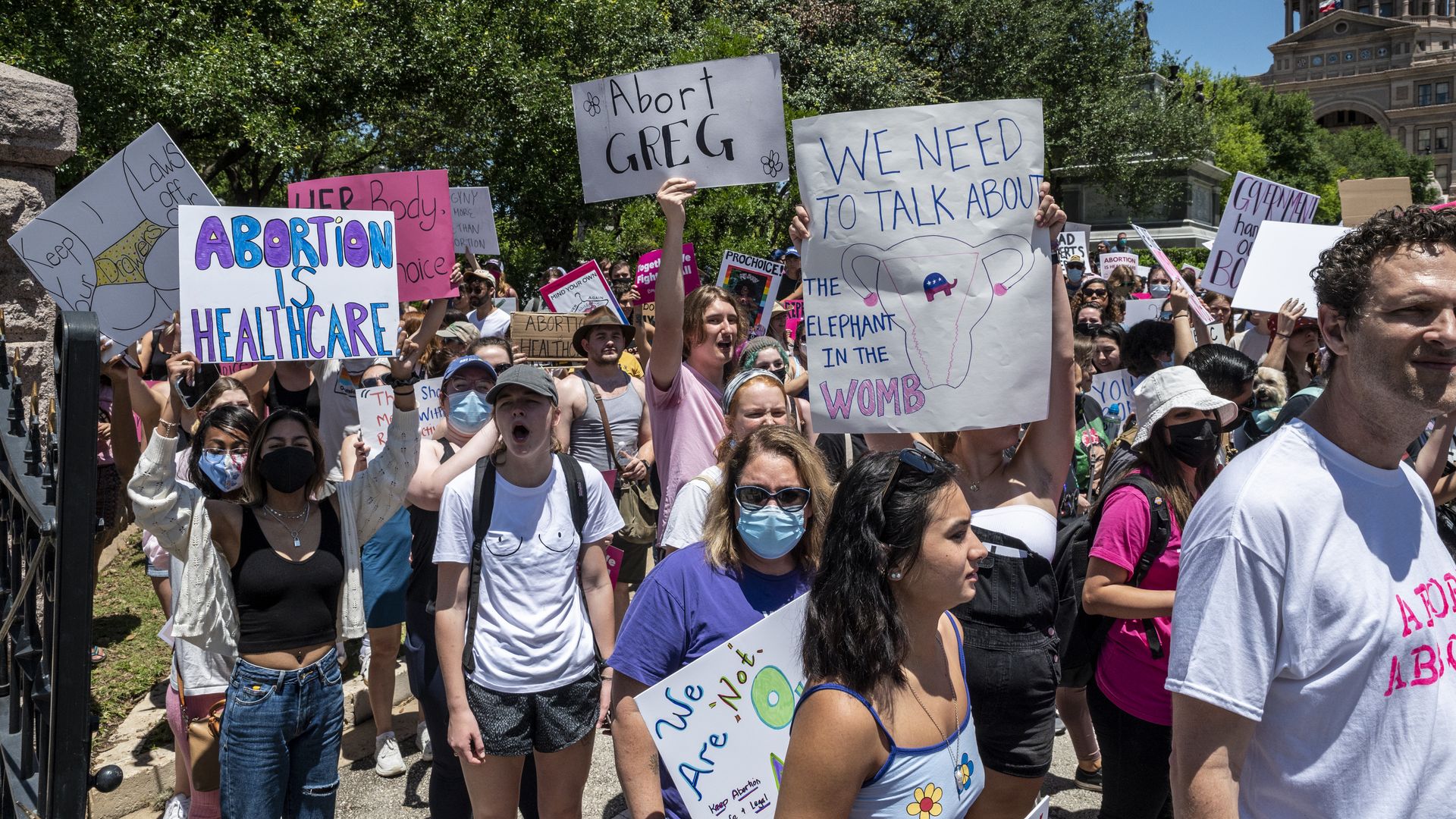 Photo of pro-abortion activists marching and holding up signs
